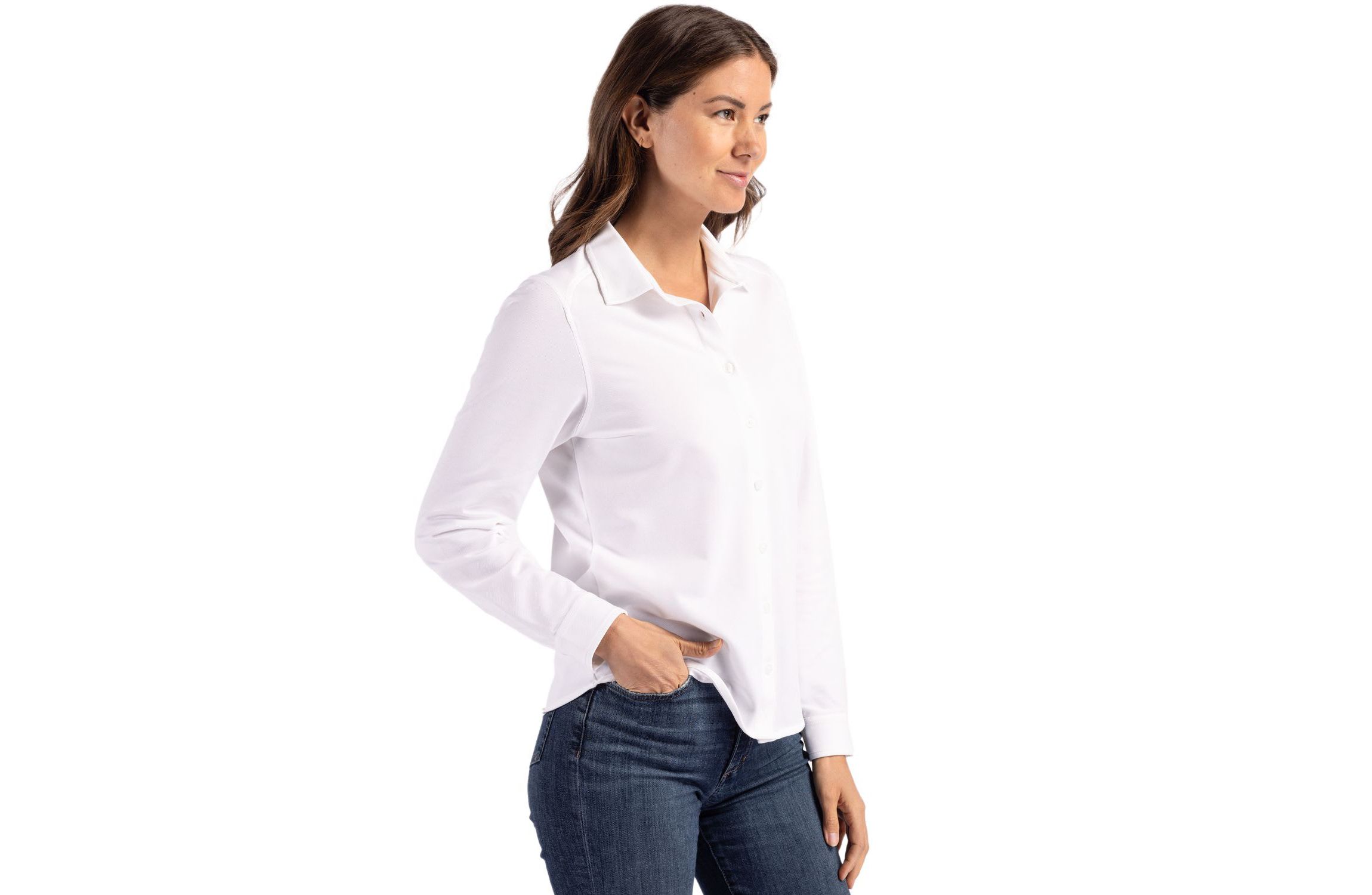 Cutter & Buck Advantage Tri-Blend Eco Soft Pique Long Sleeve Knitted Womens Button Down