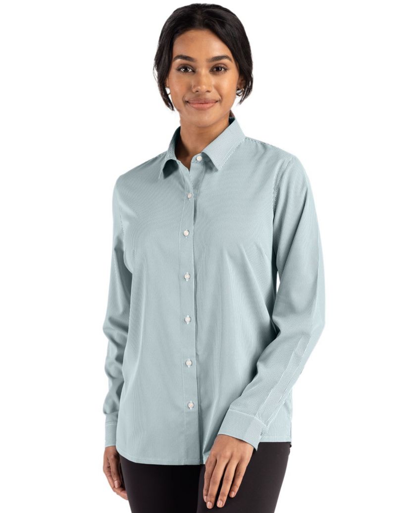 Cutter & Buck Skyline Epic Confidence Recycled Pinstripe Womens Long Sleeve Dress Shirt
