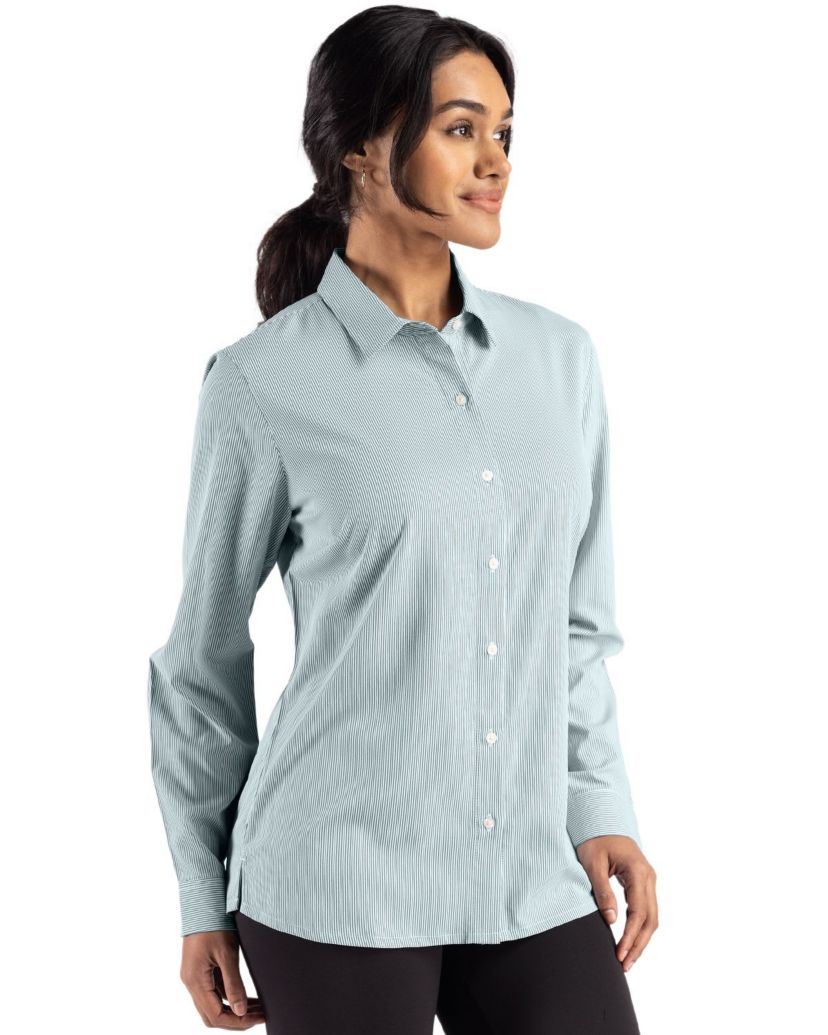 Cutter & Buck Skyline Epic Confidence Recycled Pinstripe Womens Long Sleeve Dress Shirt