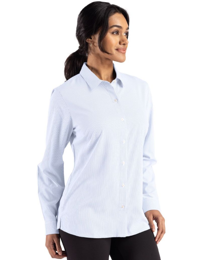 Cutter & Buck Skyline Epic Confidence Recycled Pinstripe Womens Long Sleeve Dress Shirt