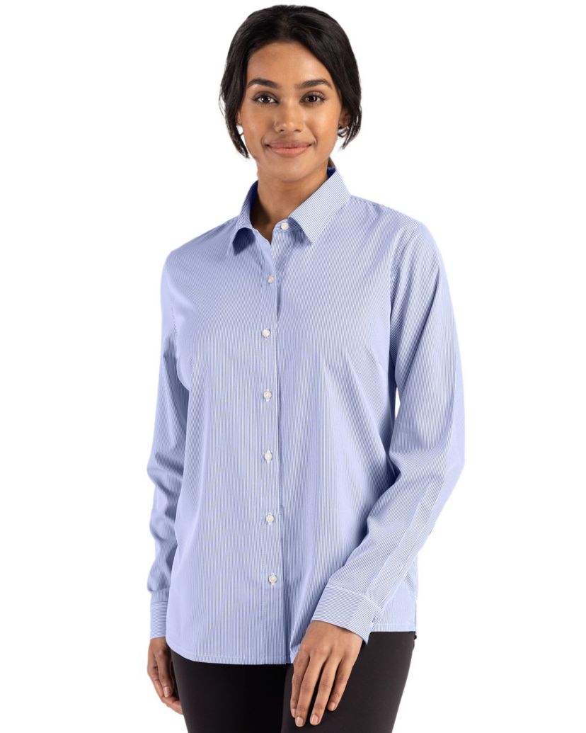 Cutter & Buck Skyline Epic Confidence Recycled Pinstripe Womens Long Sleeve Dress Shirt