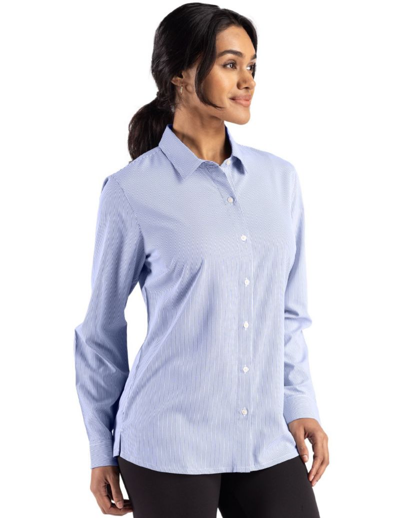Cutter & Buck Skyline Epic Confidence Recycled Pinstripe Womens Long Sleeve Dress Shirt