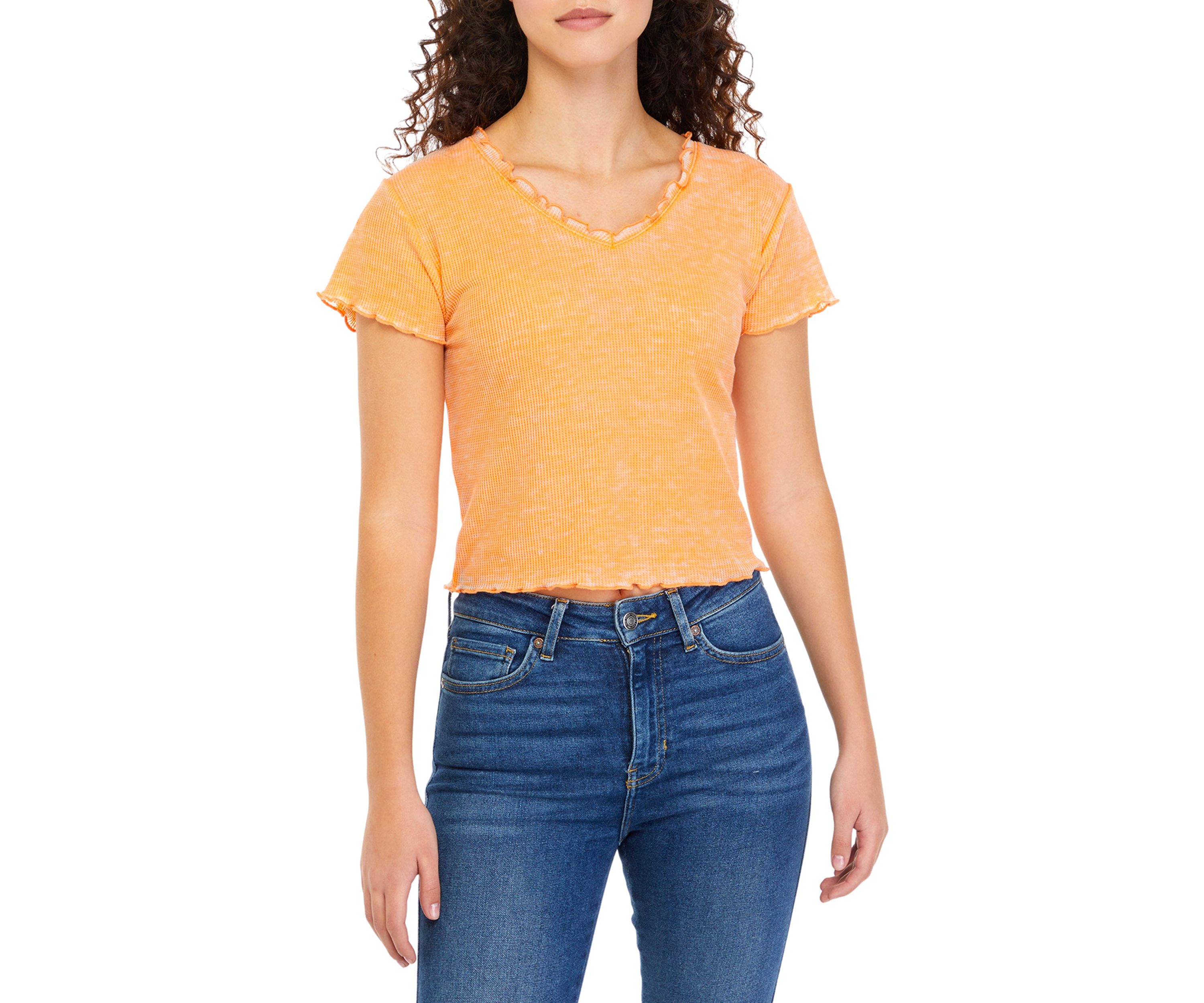 Juniors V-Neck Ruffle Tiny T-Shirt