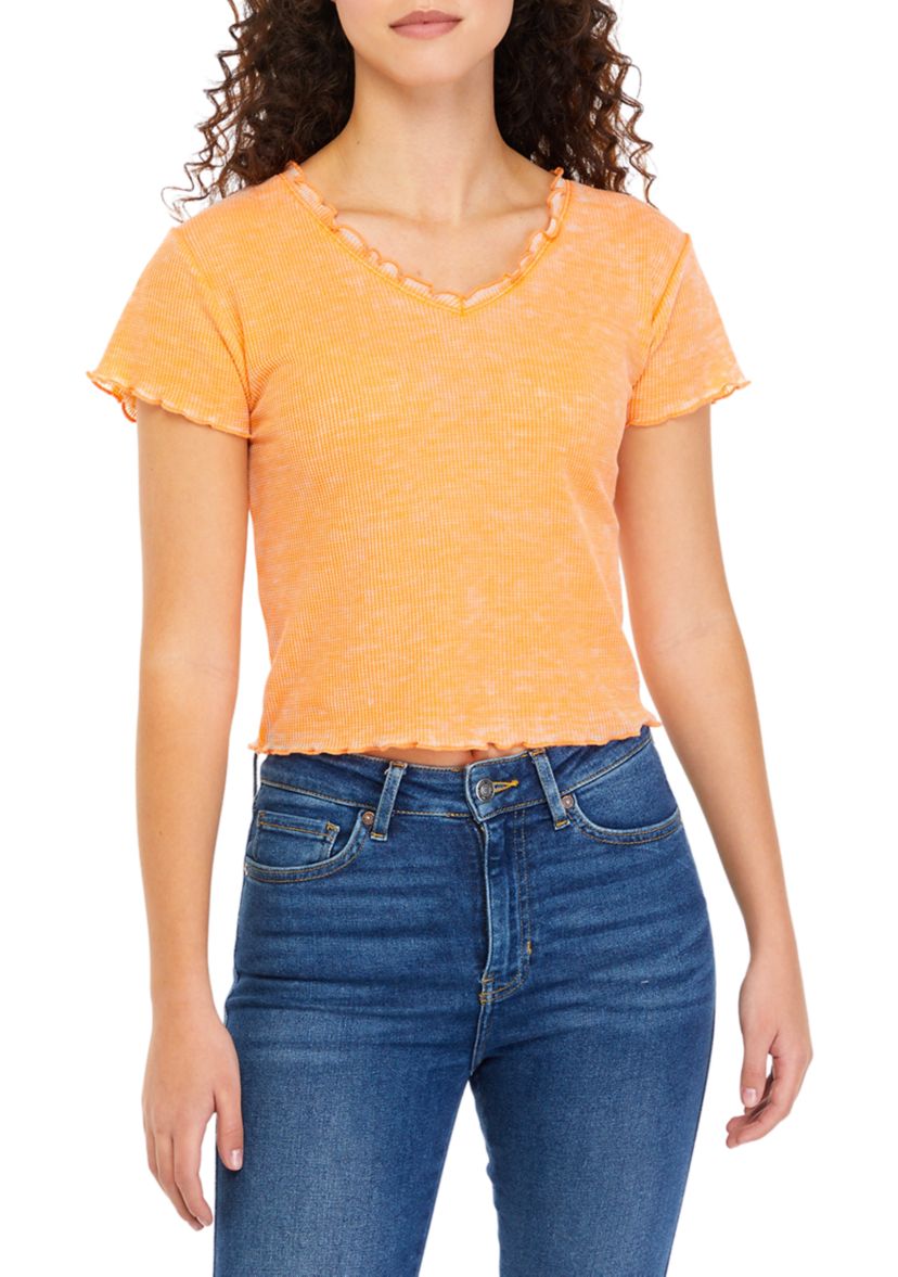Juniors V-Neck Ruffle Tiny T-Shirt