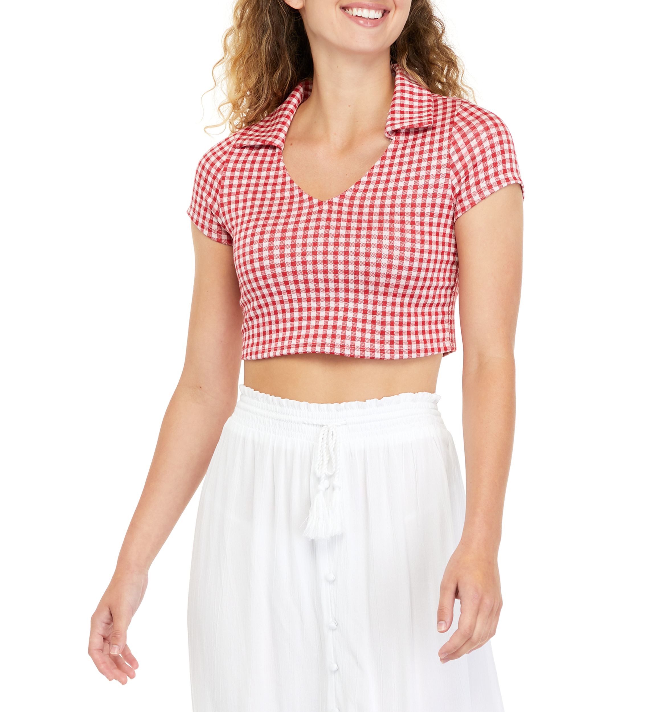 Juniors Cropped Checkered Collared Top 