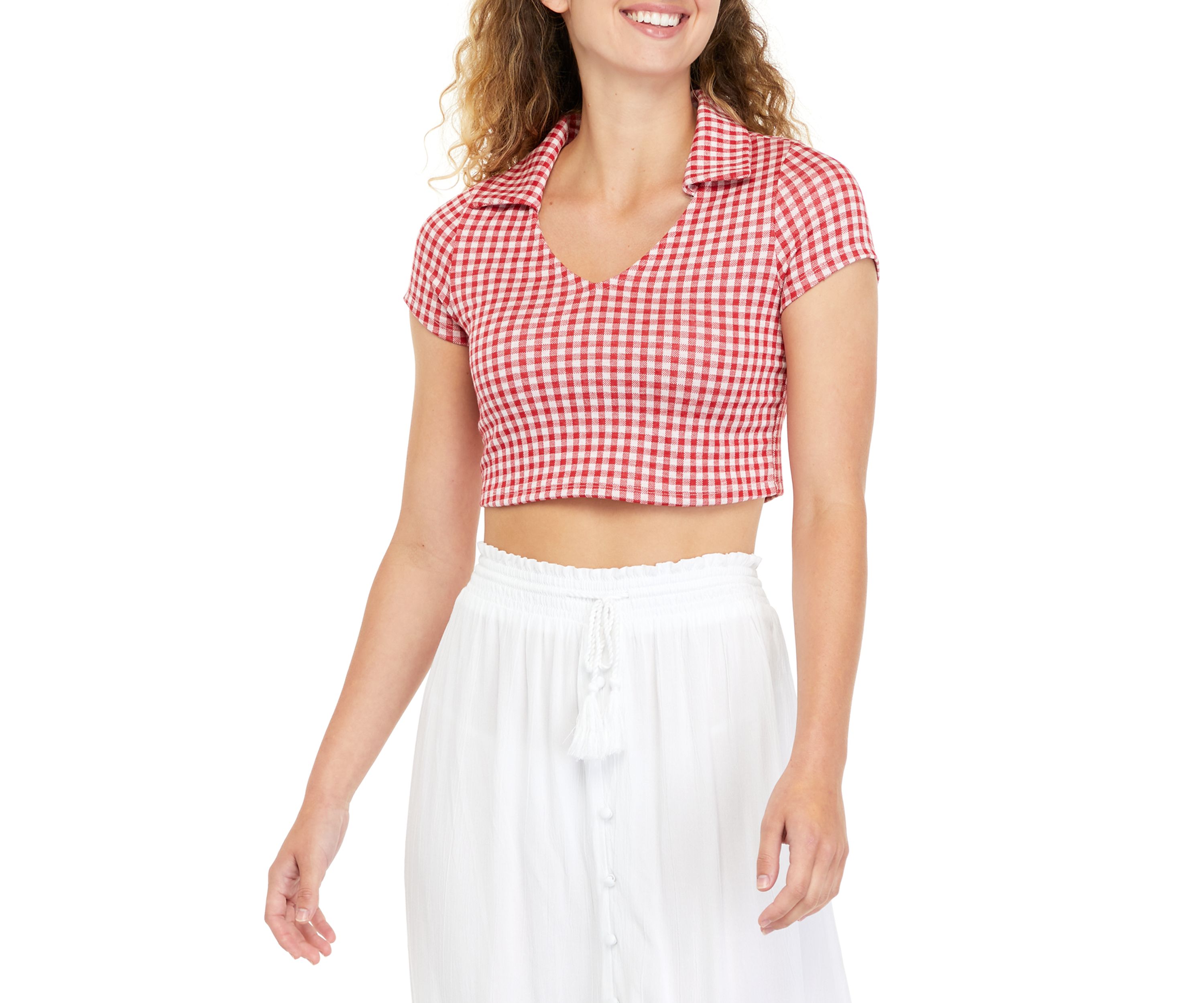 Juniors Cropped Checkered Collared Top 