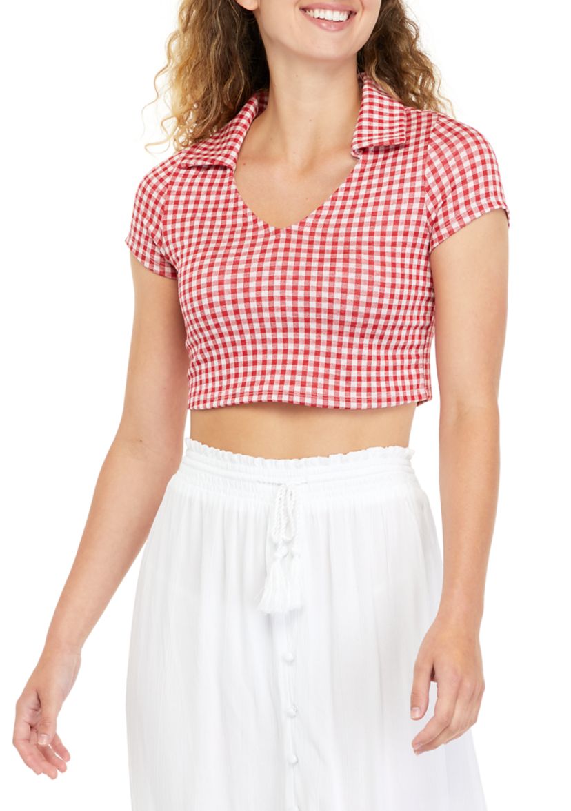 Juniors Cropped Checkered Collared Top 