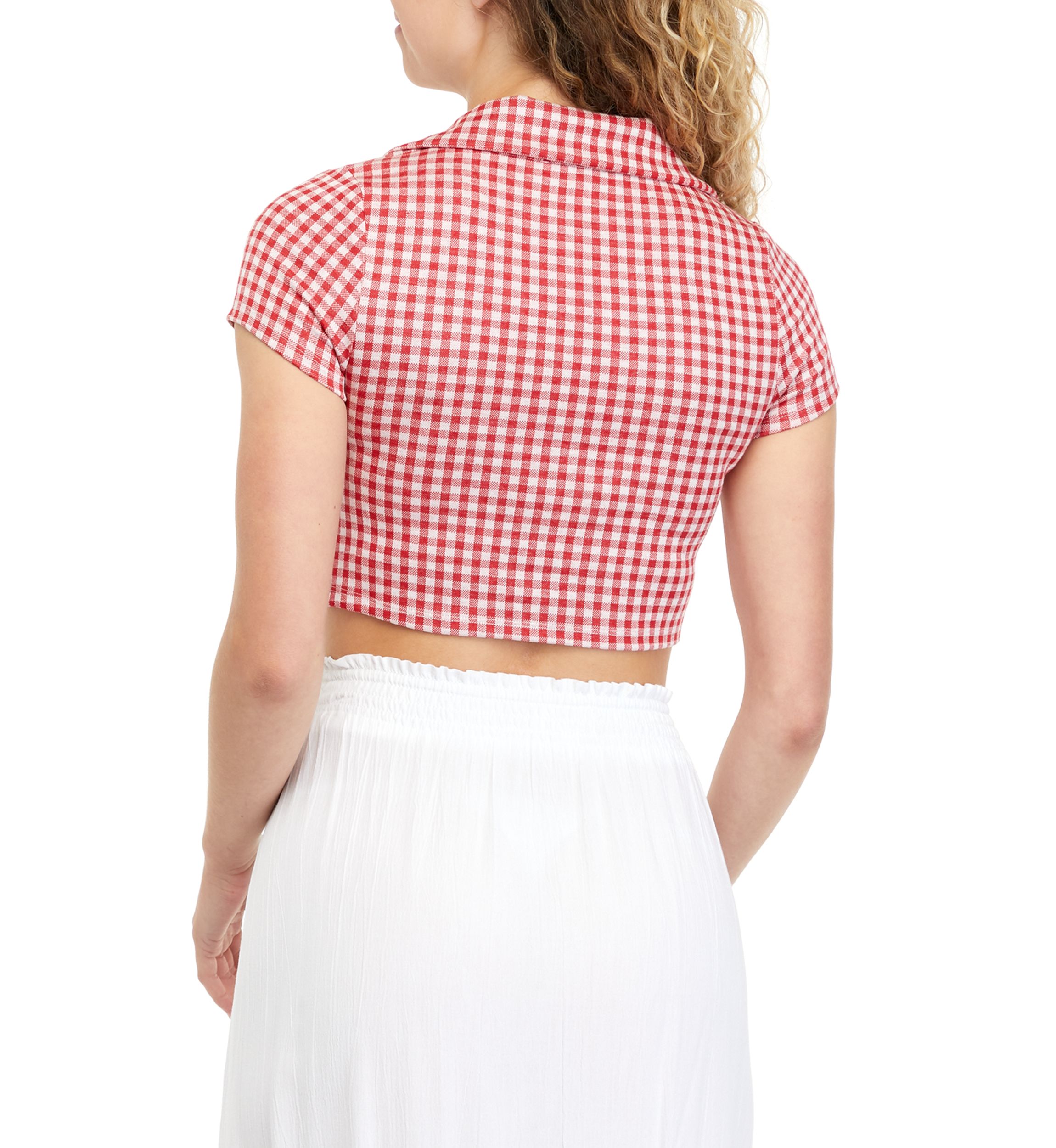 Juniors Cropped Checkered Collared Top 