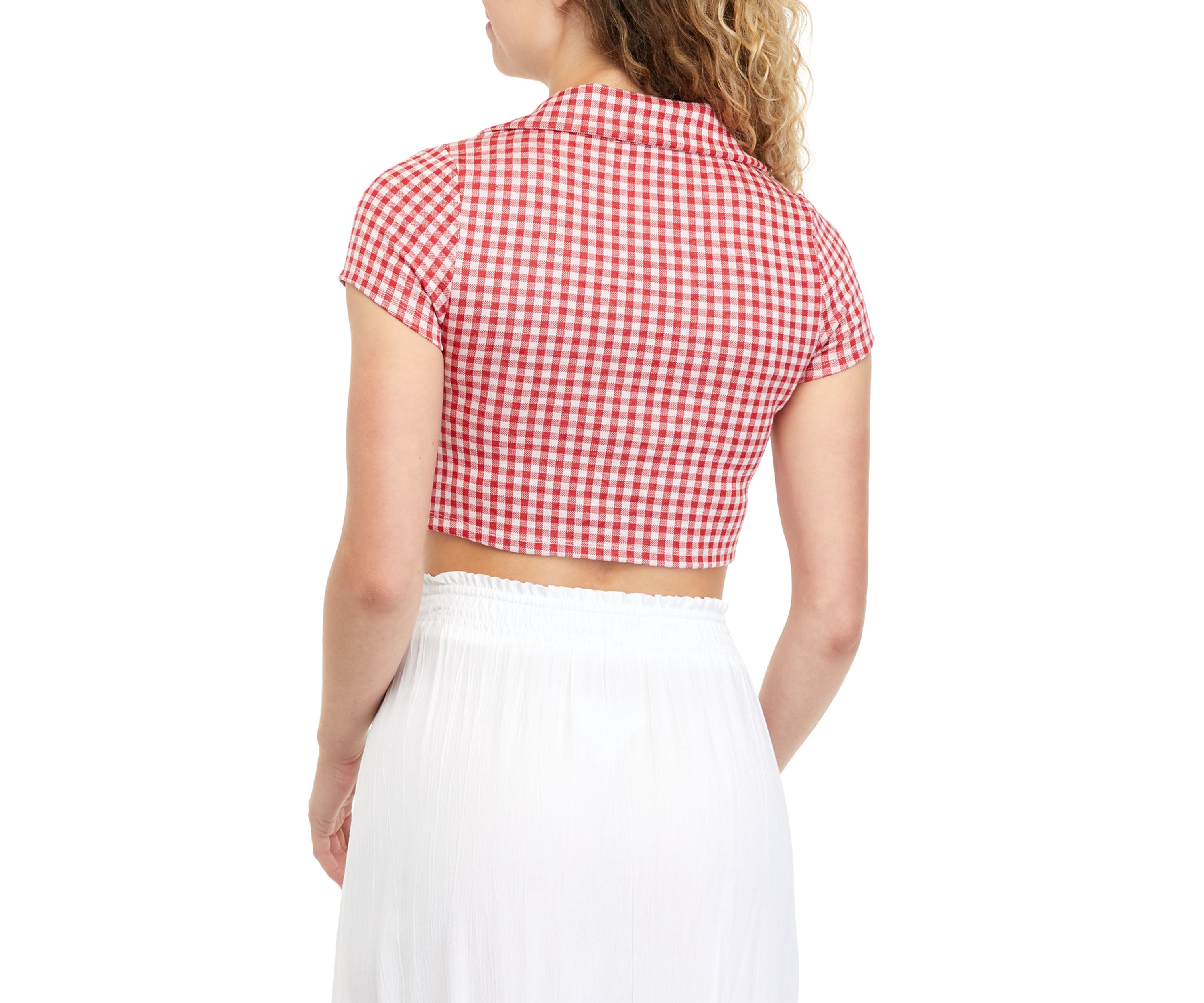 Juniors Cropped Checkered Collared Top 