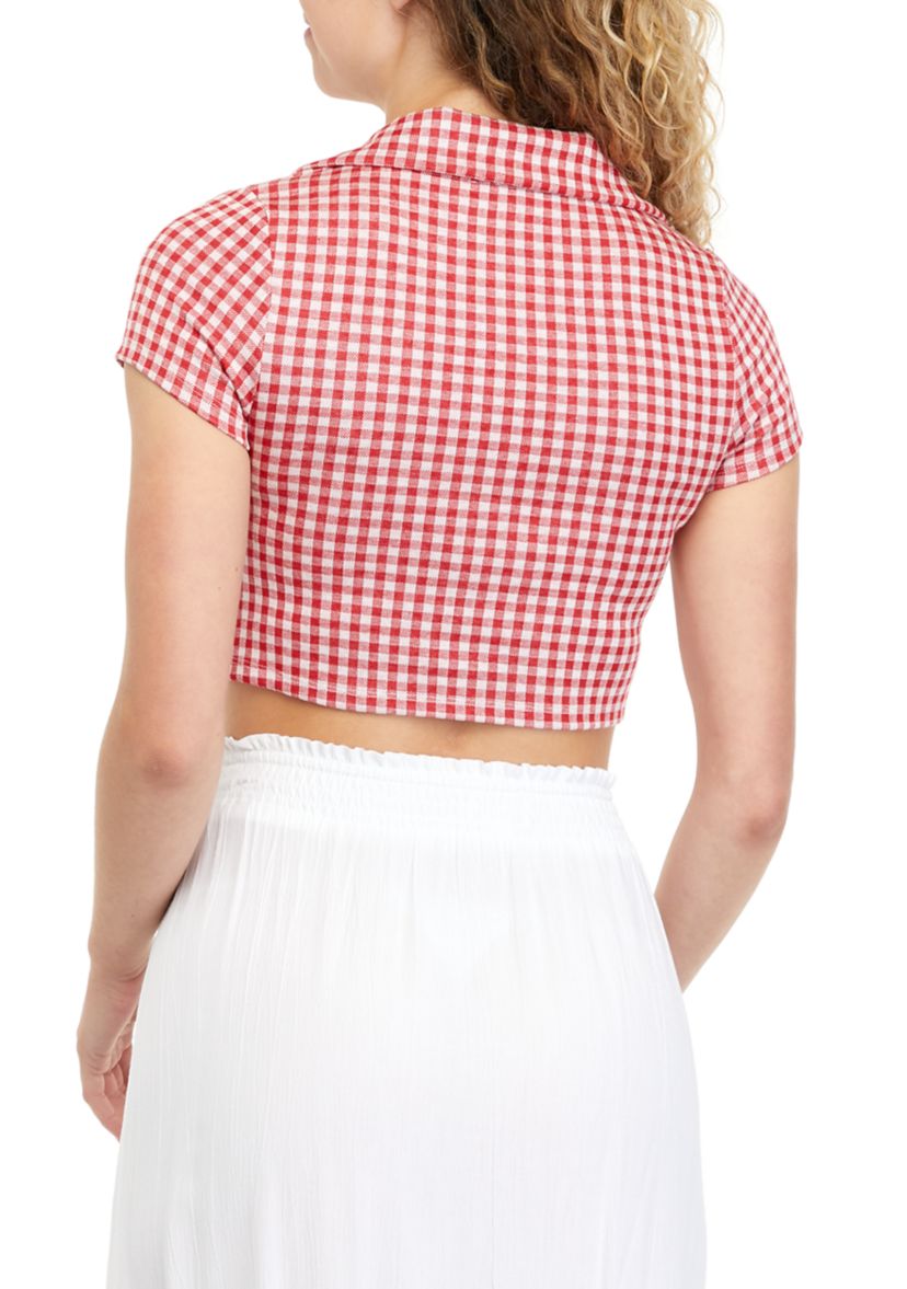 Juniors Cropped Checkered Collared Top 