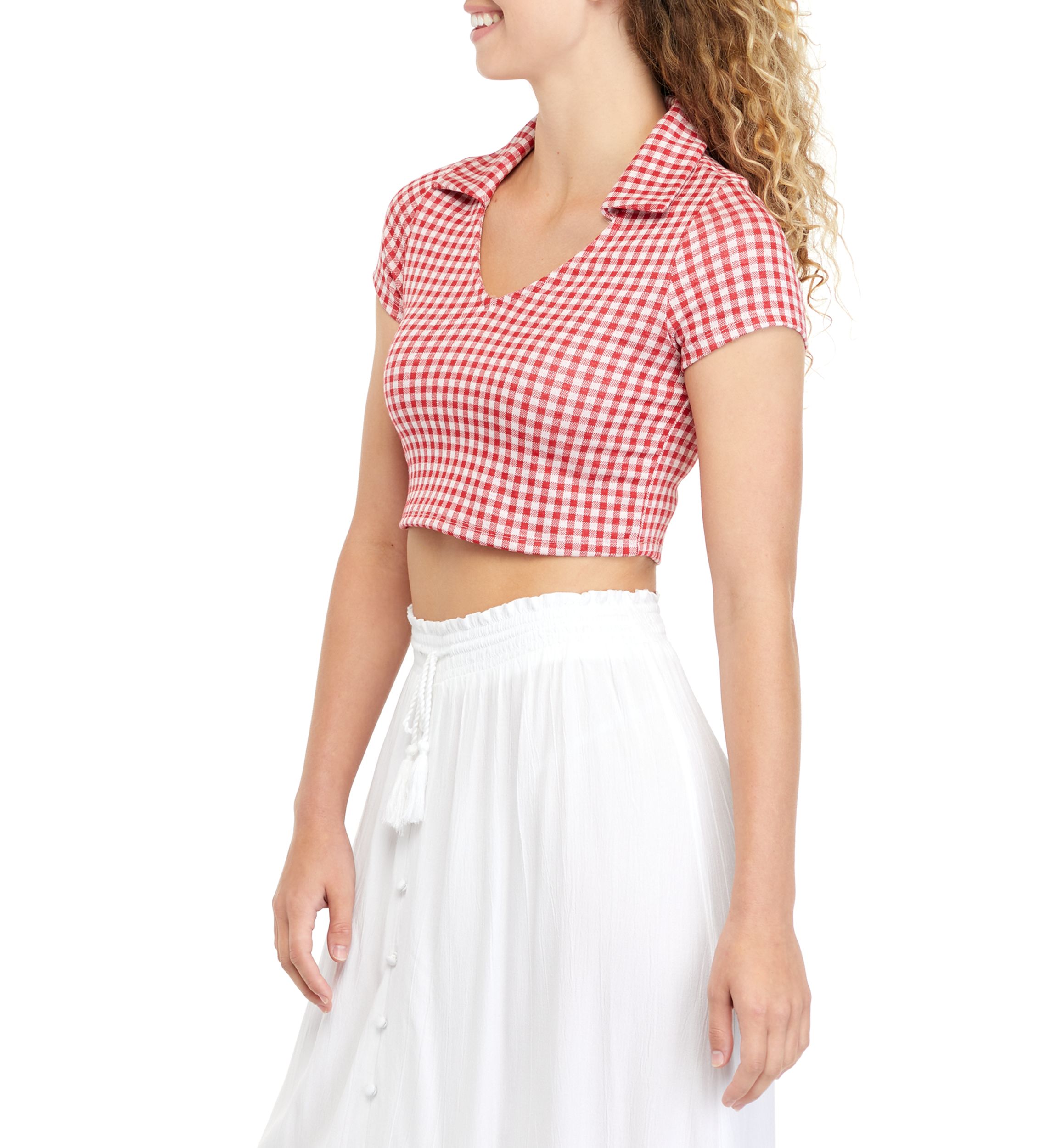 Juniors Cropped Checkered Collared Top 