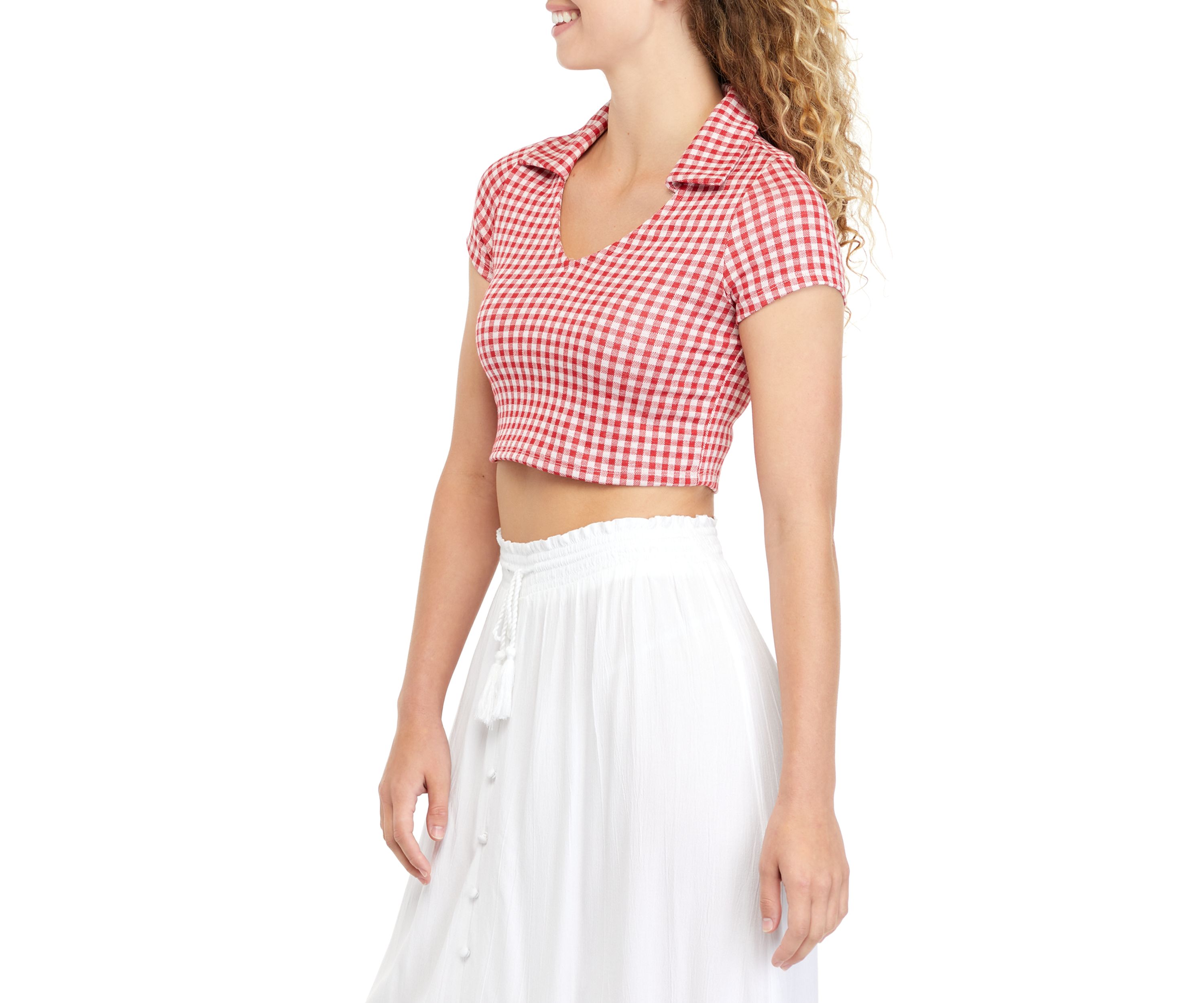 Juniors Cropped Checkered Collared Top 