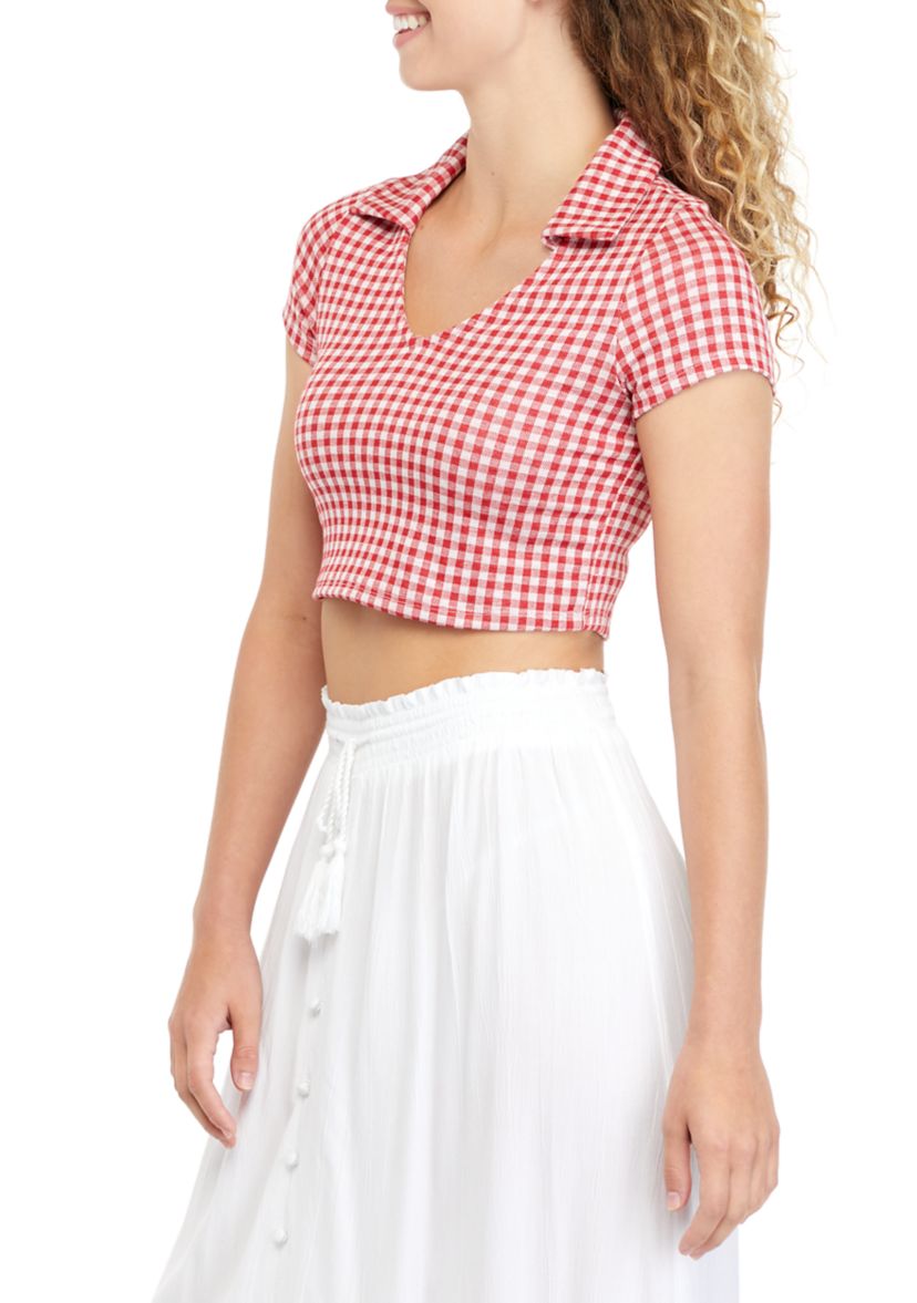 Juniors Cropped Checkered Collared Top 