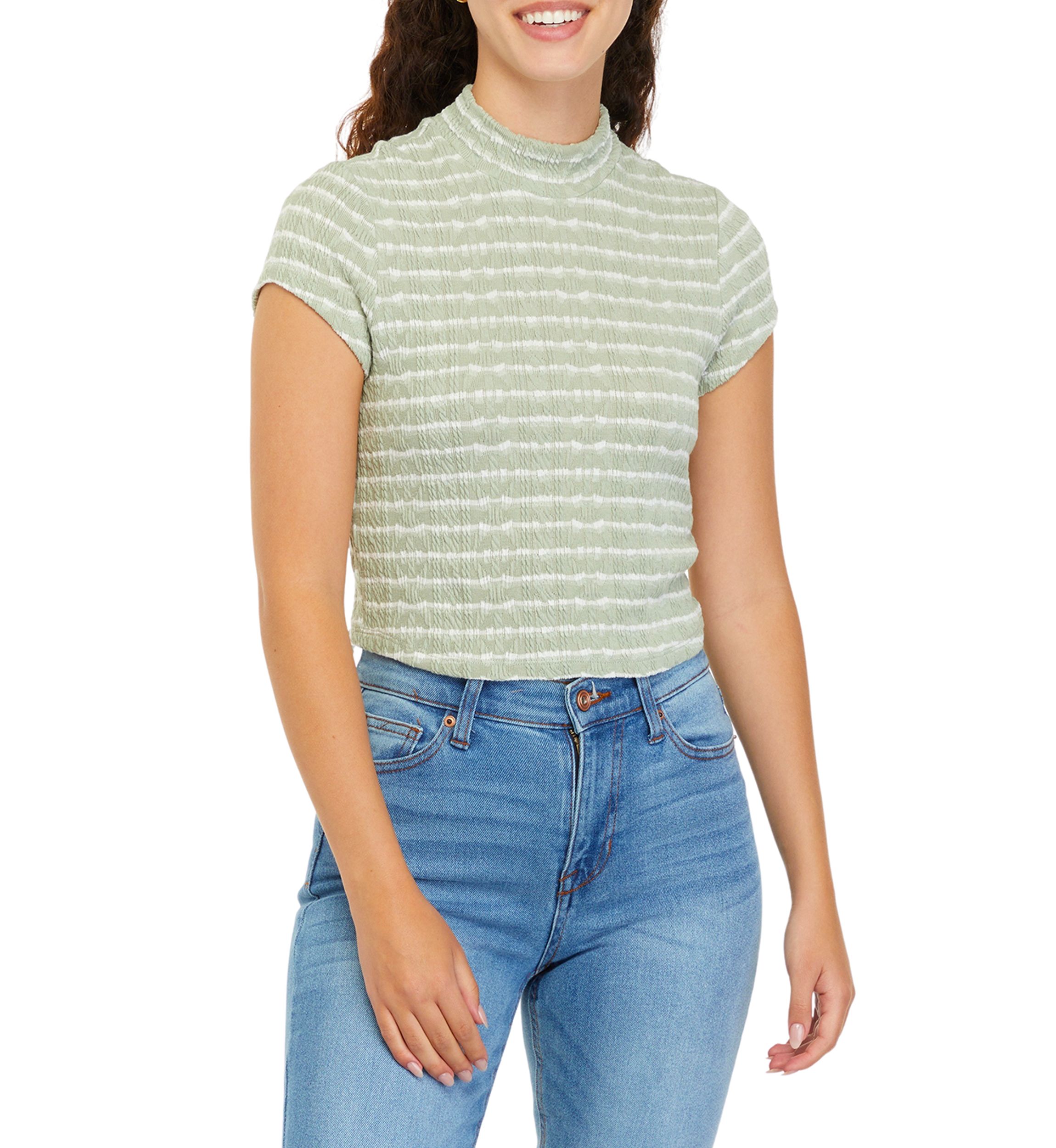 Juniors Short Sleeve Mock Neck Striped Top
