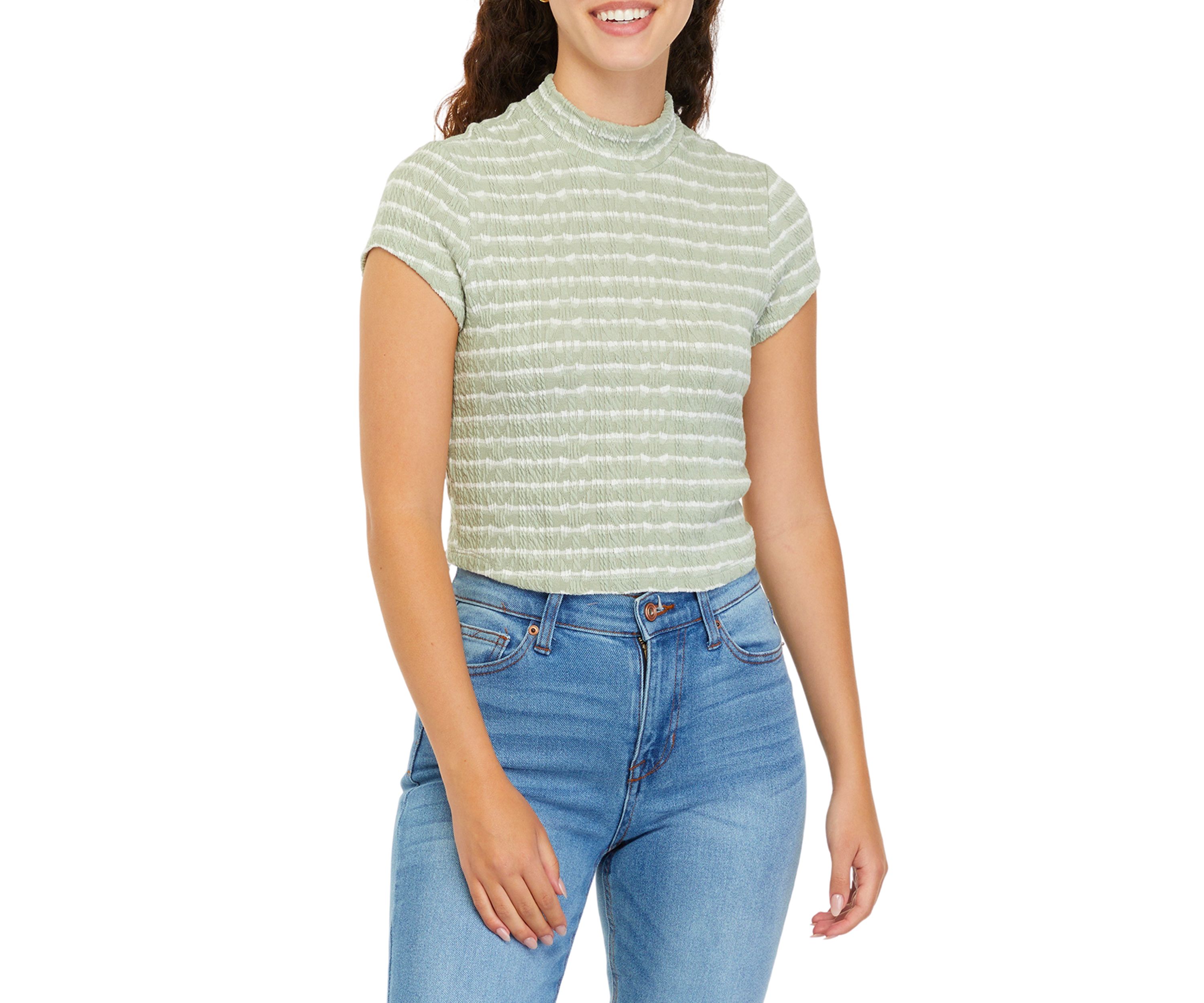 Juniors Short Sleeve Mock Neck Striped Top