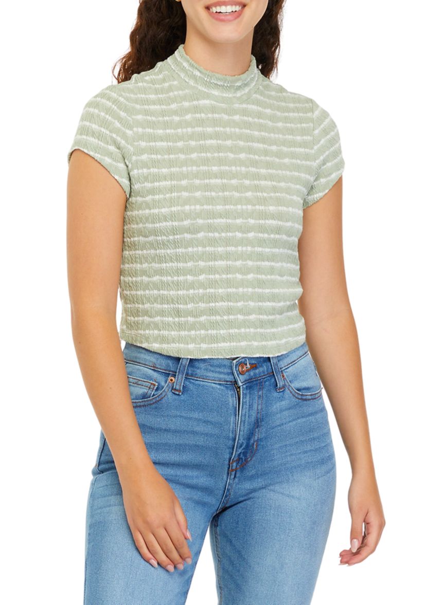 Juniors Short Sleeve Mock Neck Striped Top
