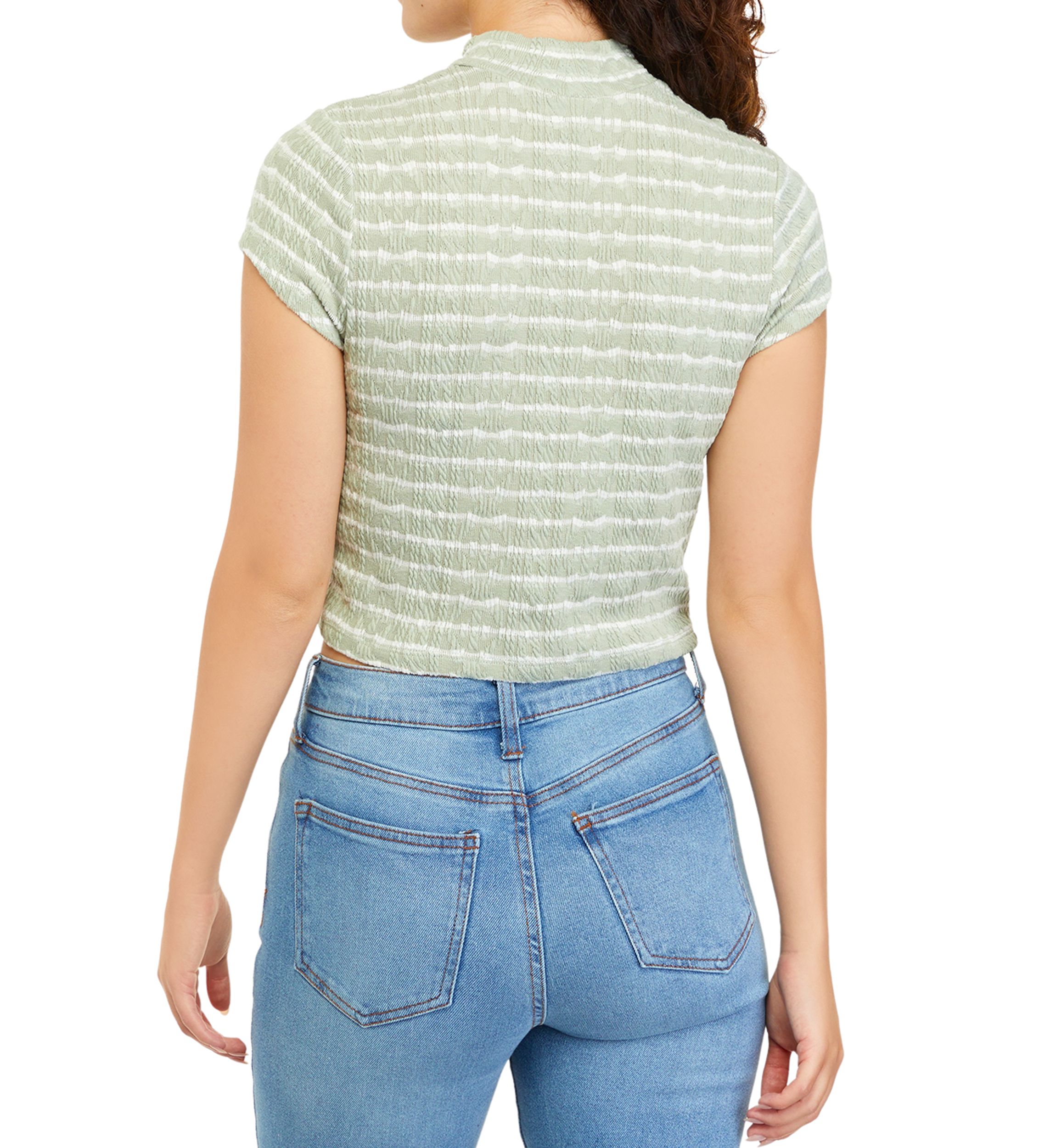 Juniors Short Sleeve Mock Neck Striped Top