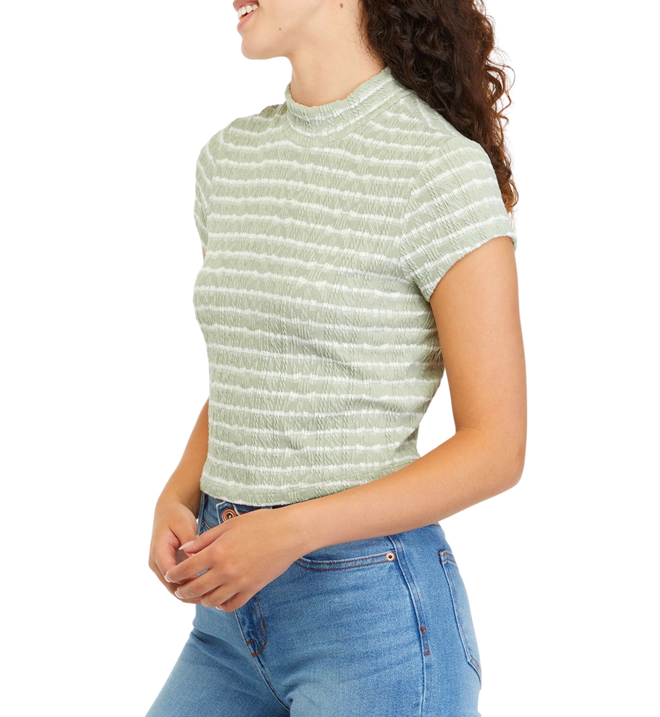 Juniors Short Sleeve Mock Neck Striped Top