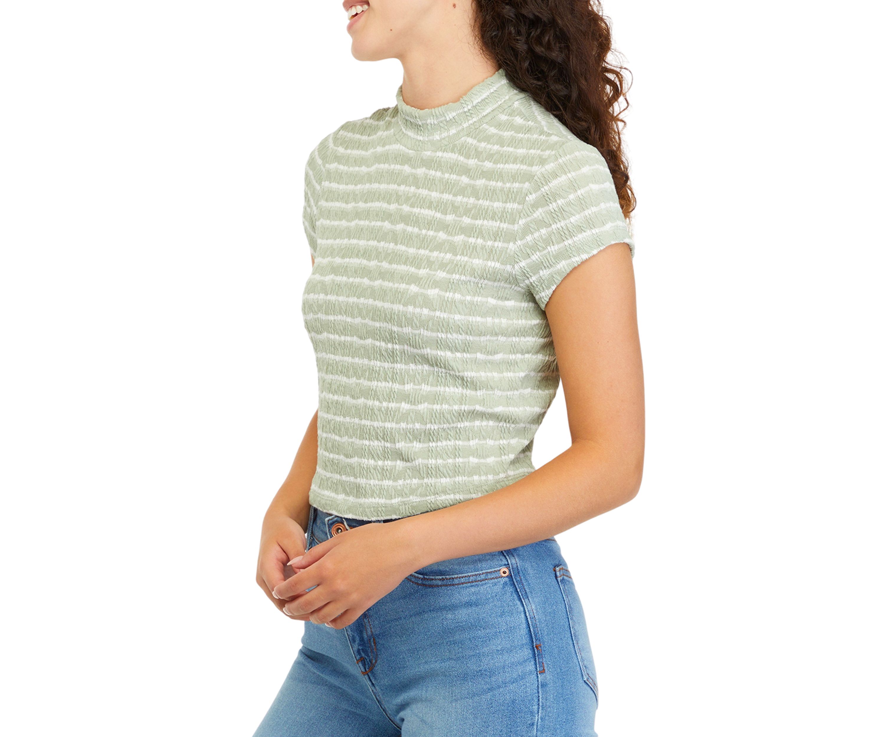Juniors Short Sleeve Mock Neck Striped Top