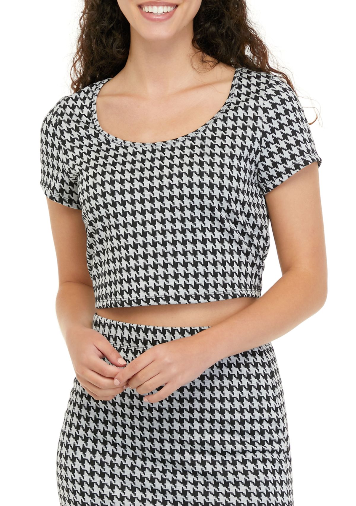 Juniors Crew Neck Ponte Houndstooth Top