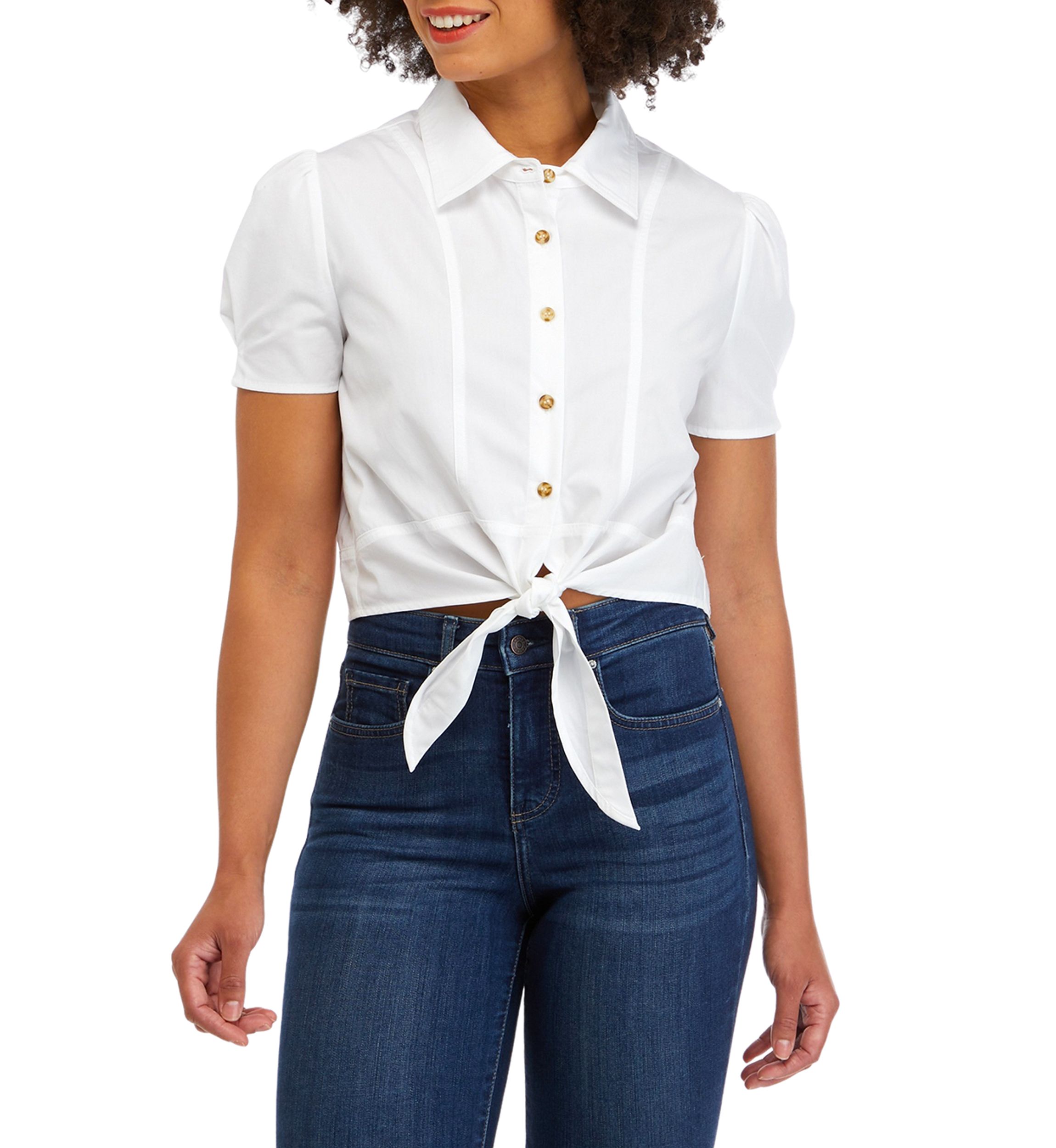 Juniors Short Sleeve Tie Front Poplin Camp Shirt