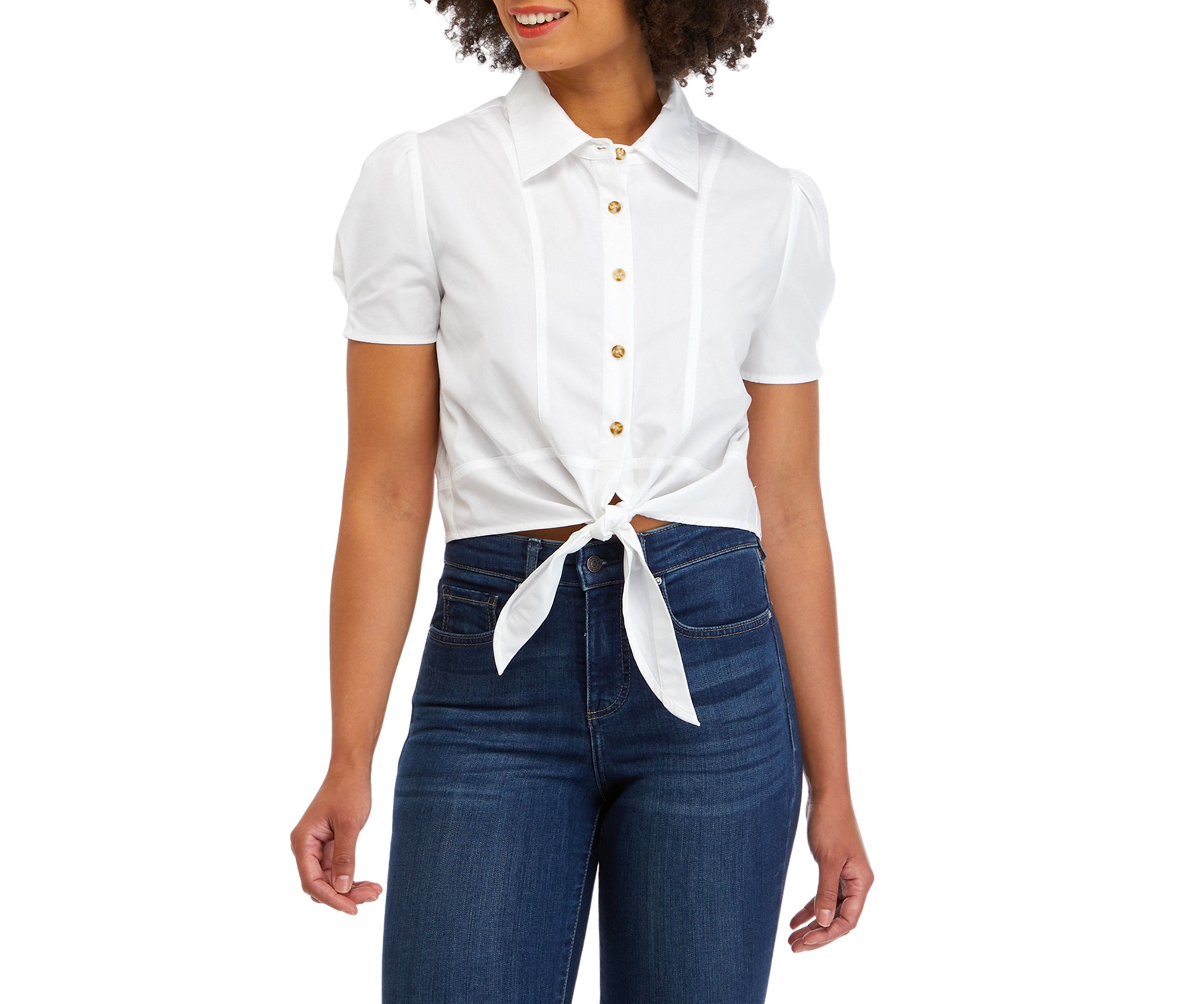 Juniors Short Sleeve Tie Front Poplin Camp Shirt