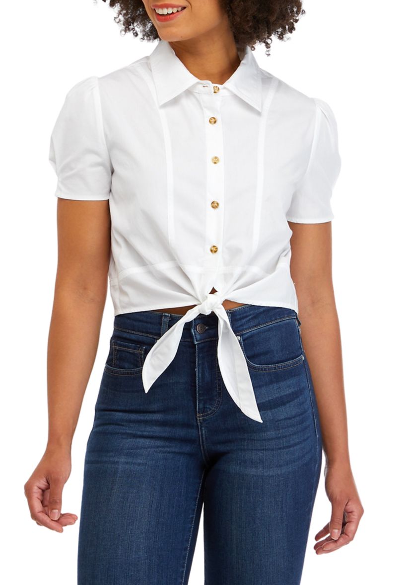 Juniors Short Sleeve Tie Front Poplin Camp Shirt