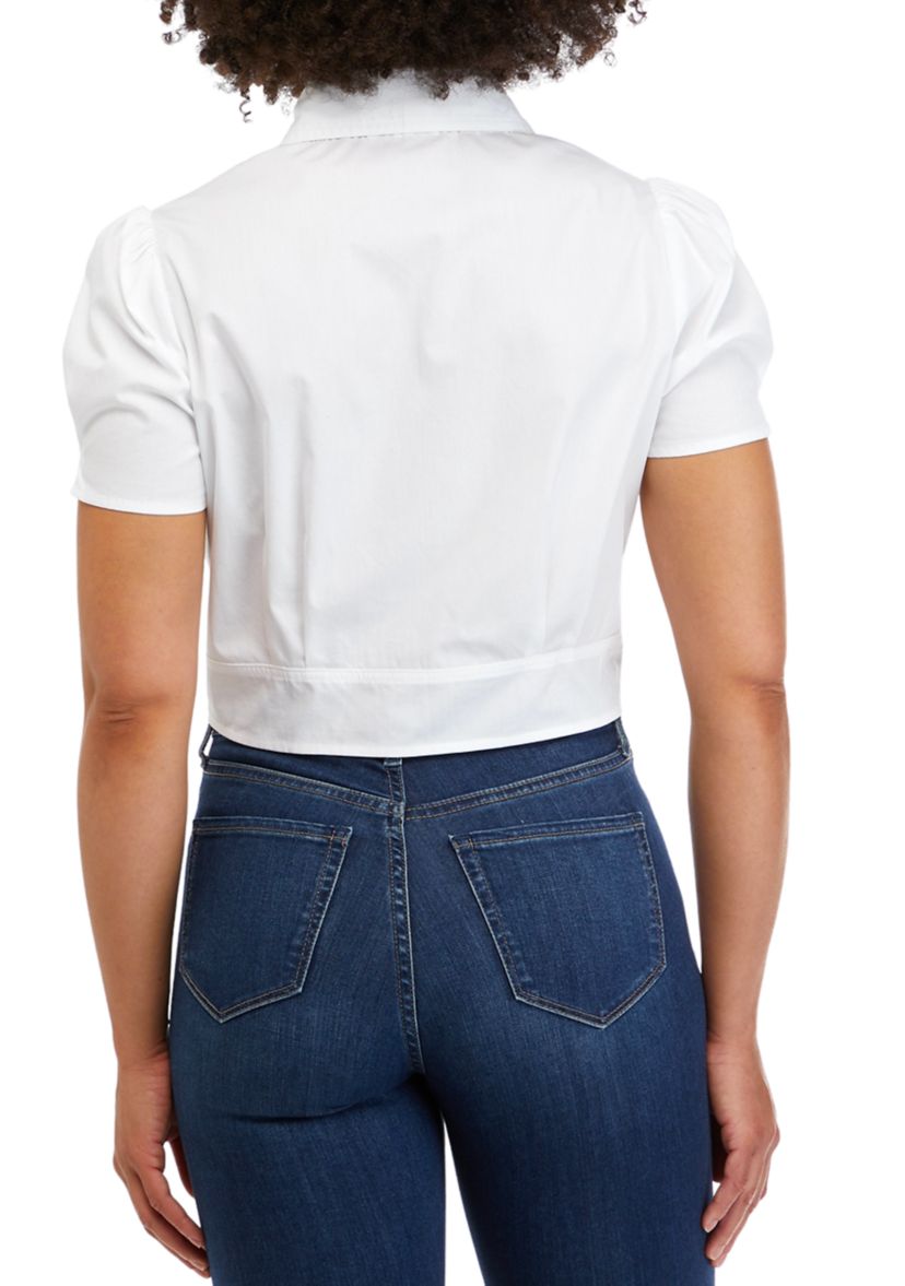 Juniors Short Sleeve Tie Front Poplin Camp Shirt