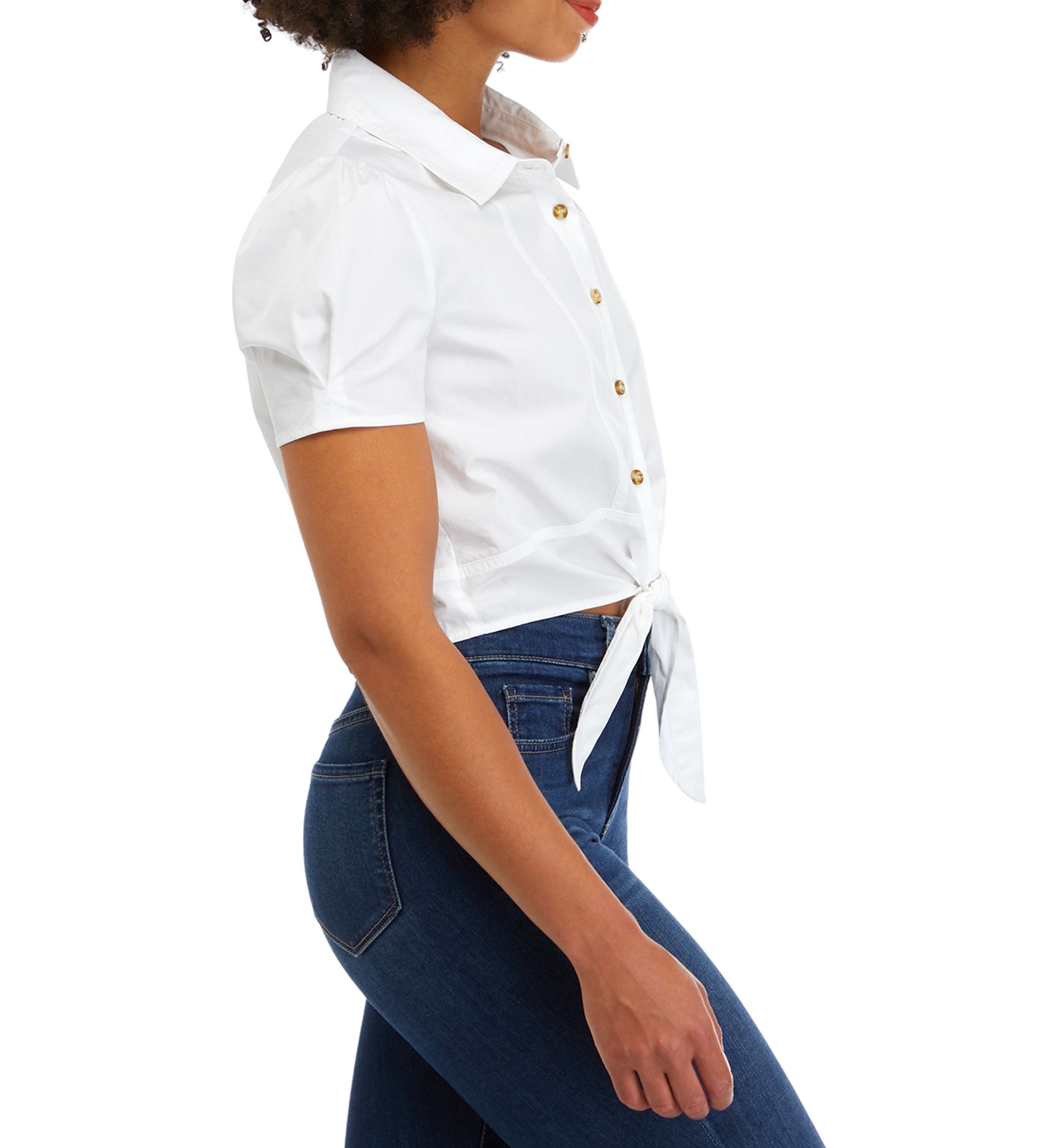 Juniors Short Sleeve Tie Front Poplin Camp Shirt