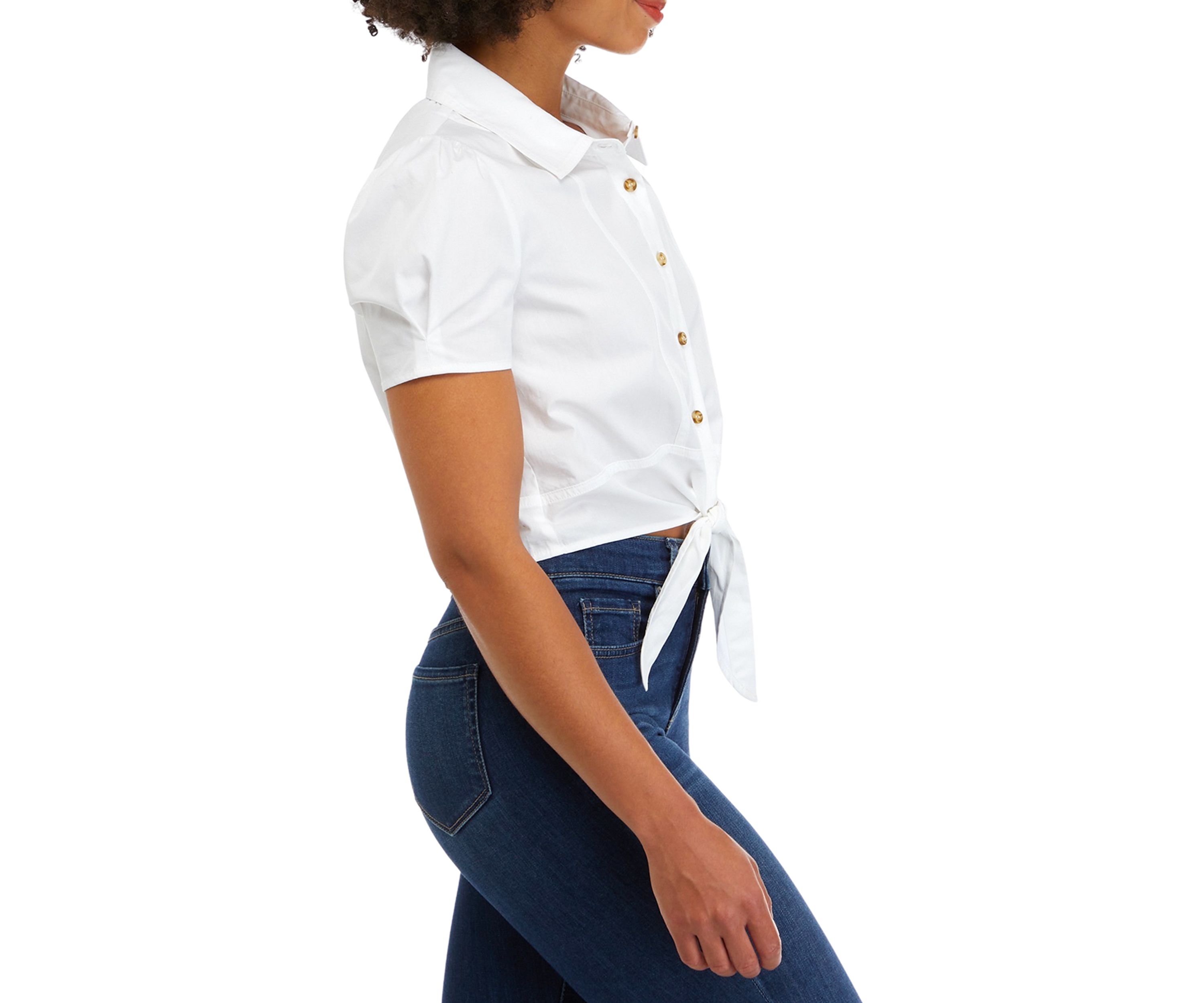 Juniors Short Sleeve Tie Front Poplin Camp Shirt