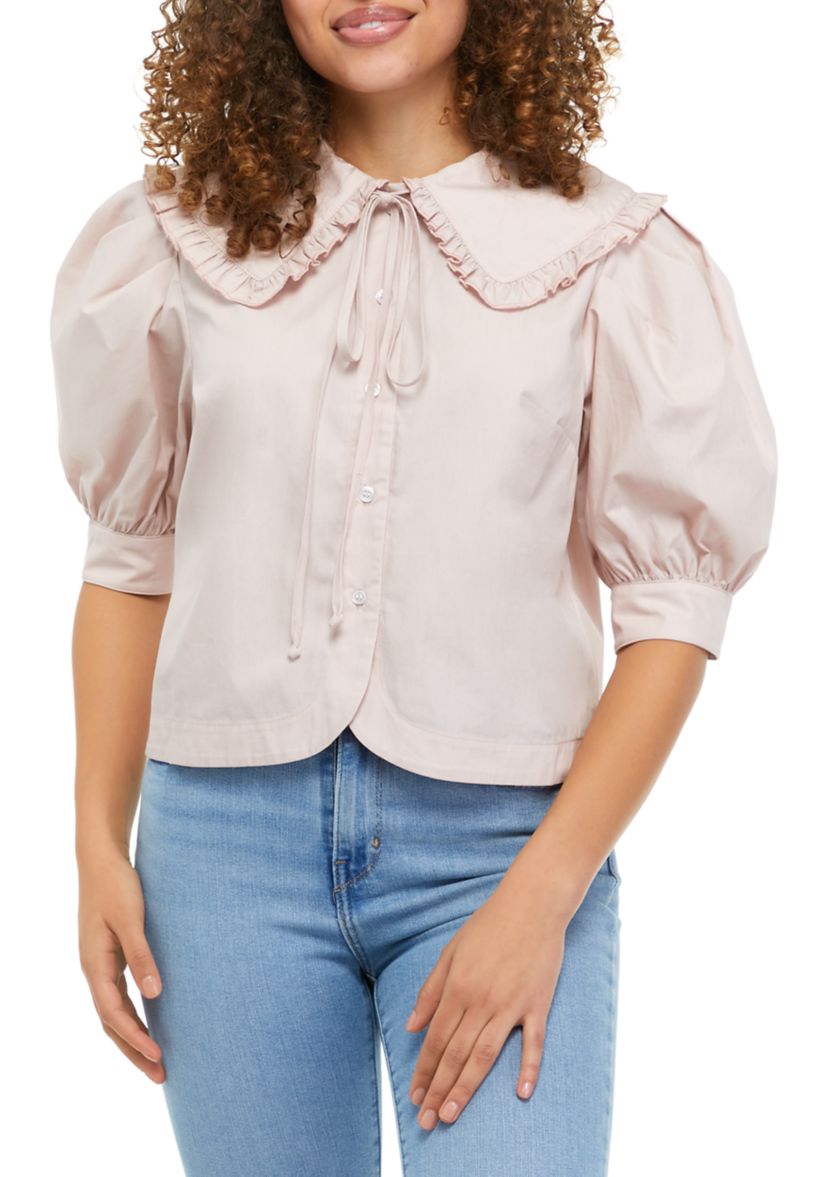 Juniors Short Sleeve Collared Poplin Shirt 