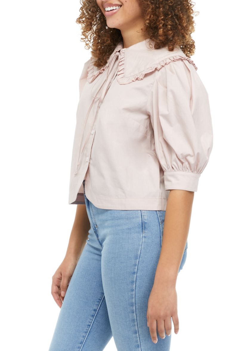Juniors Short Sleeve Collared Poplin Shirt 