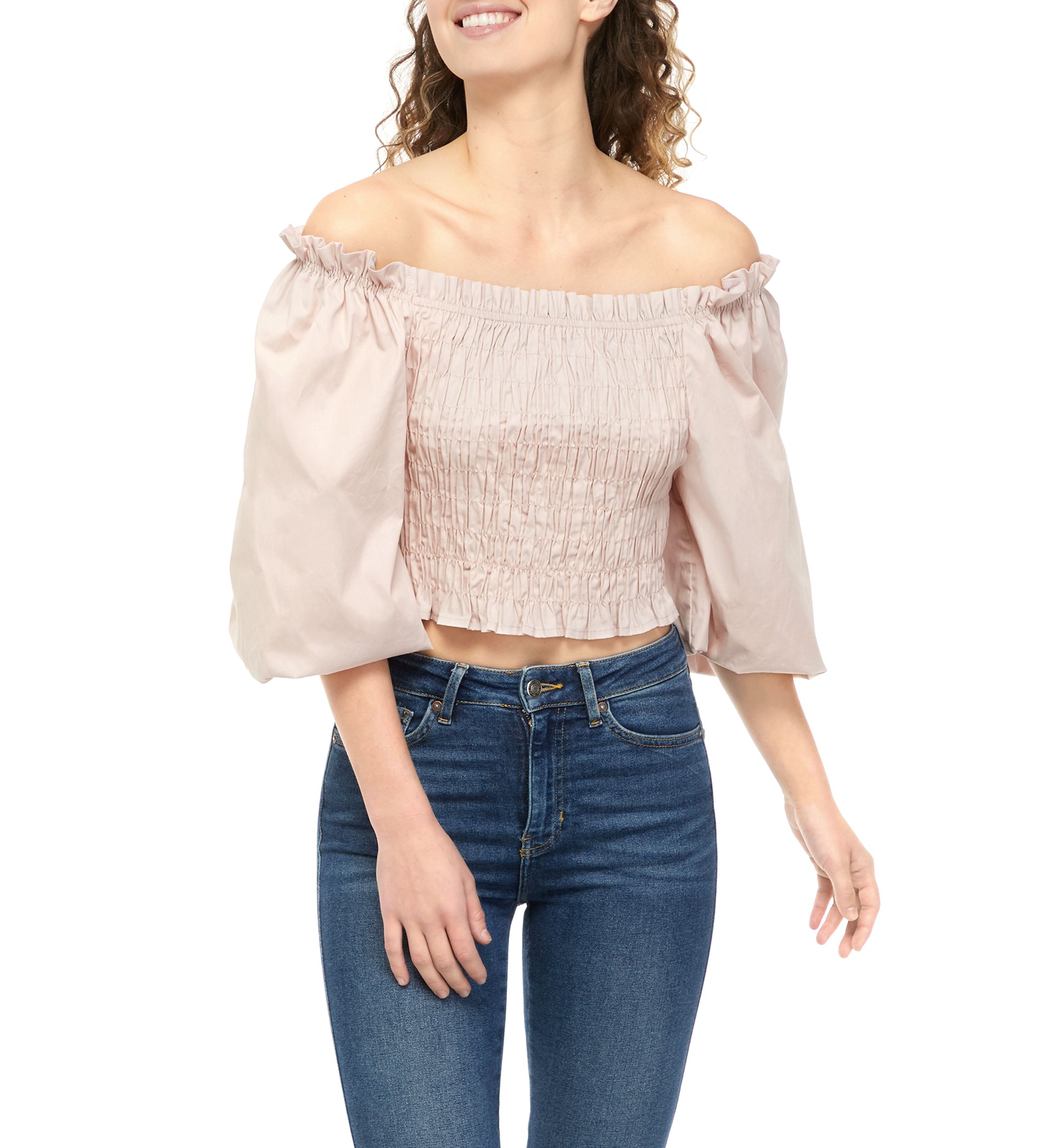 Juniors 3/4 Sleeve Smocked Off the Shoulder Top