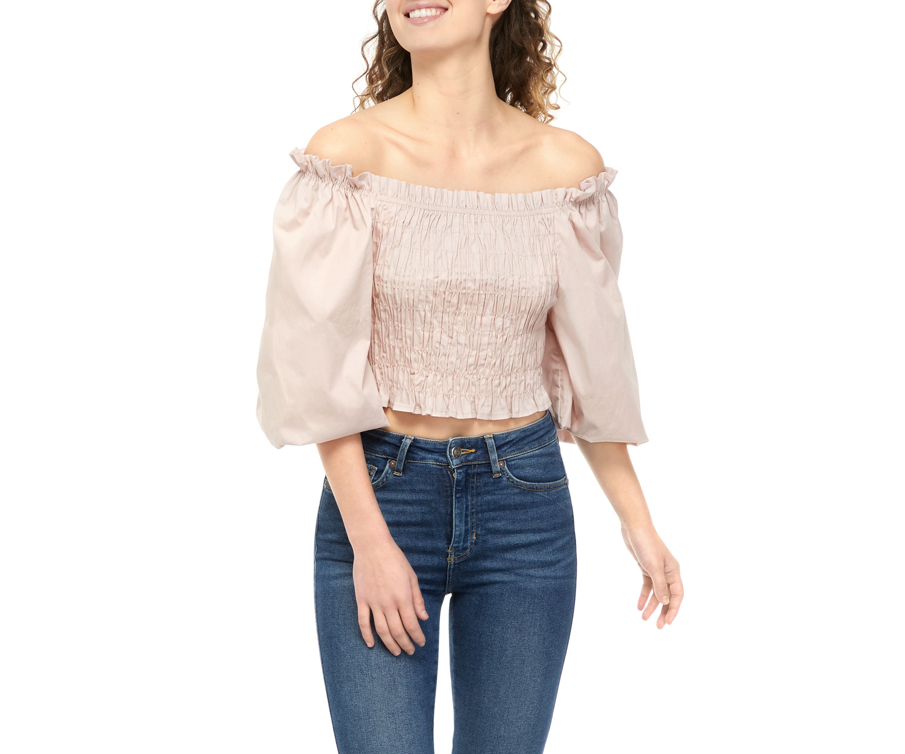 Juniors 3/4 Sleeve Smocked Off the Shoulder Top