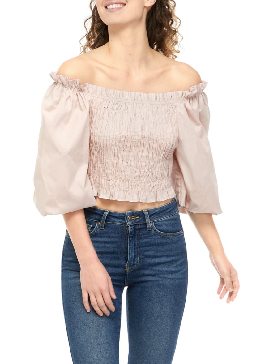 Juniors 3/4 Sleeve Smocked Off the Shoulder Top
