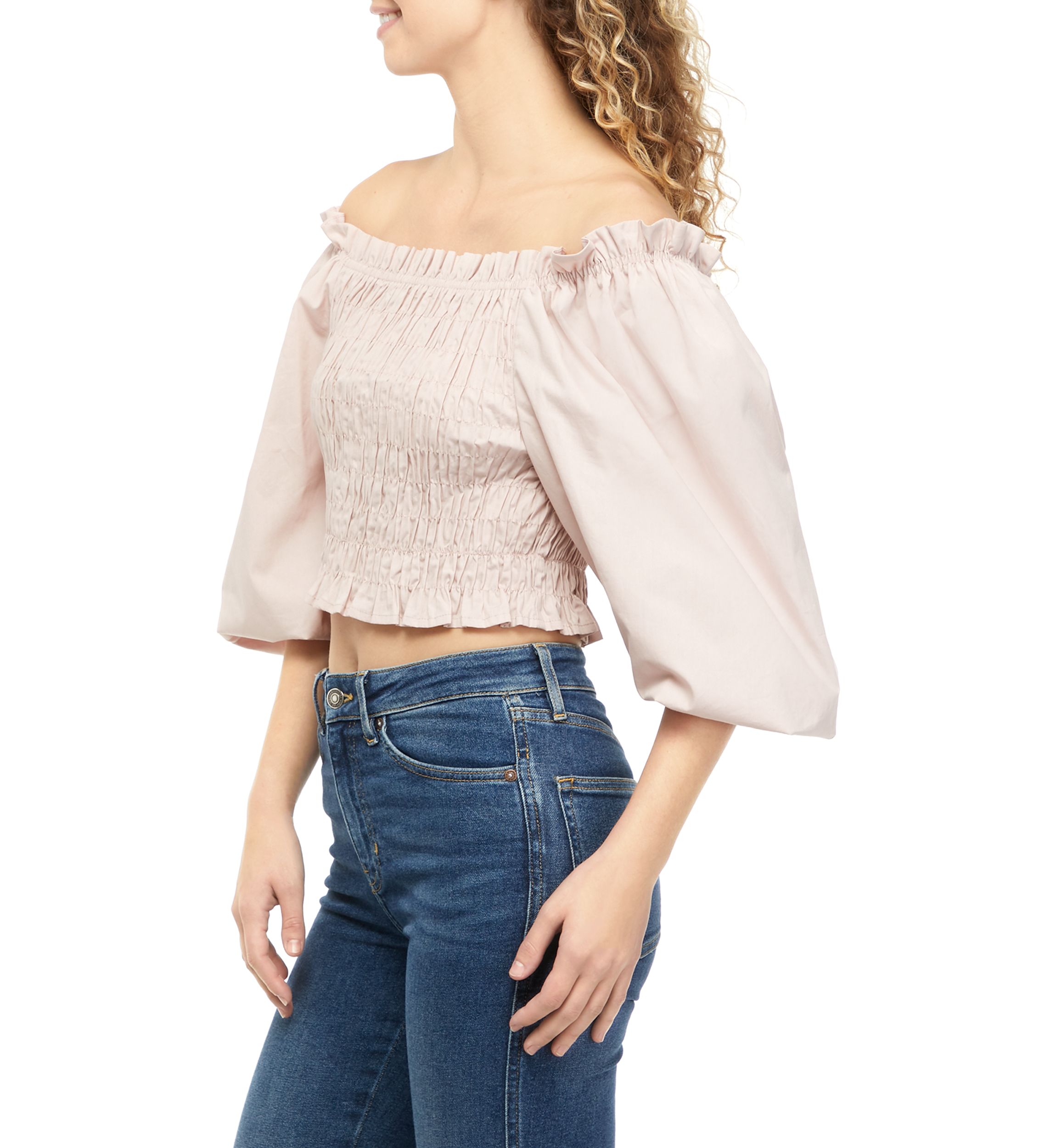 Juniors 3/4 Sleeve Smocked Off the Shoulder Top