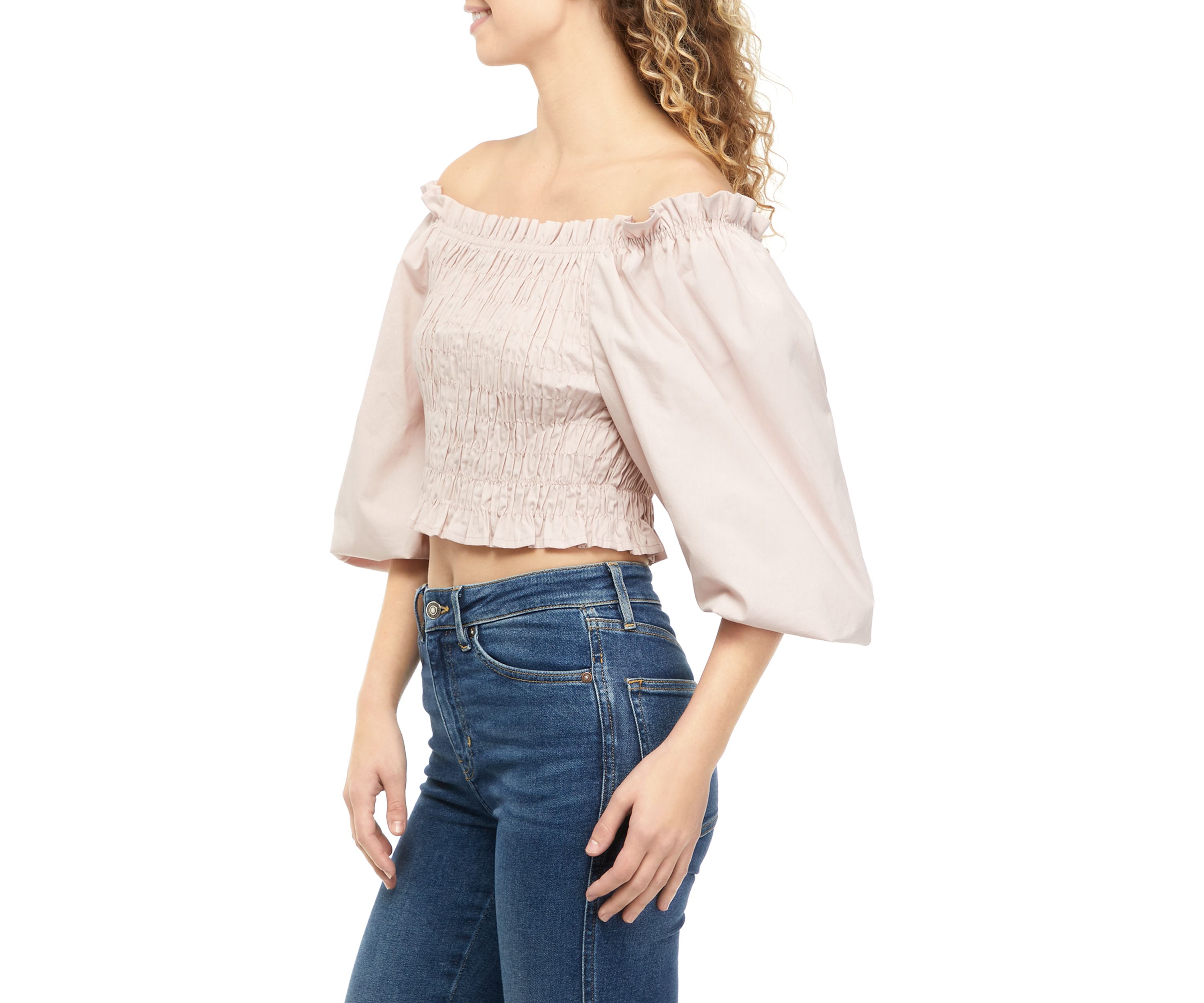 Juniors 3/4 Sleeve Smocked Off the Shoulder Top