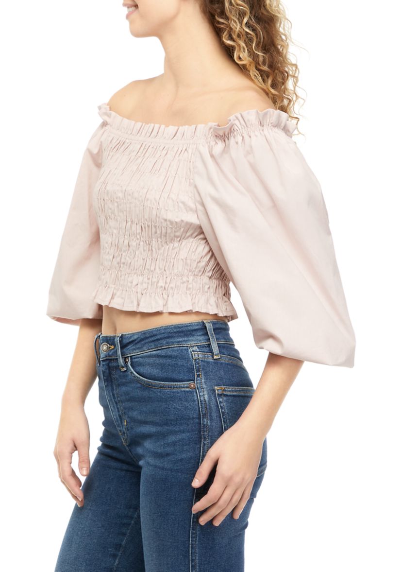 Juniors 3/4 Sleeve Smocked Off the Shoulder Top