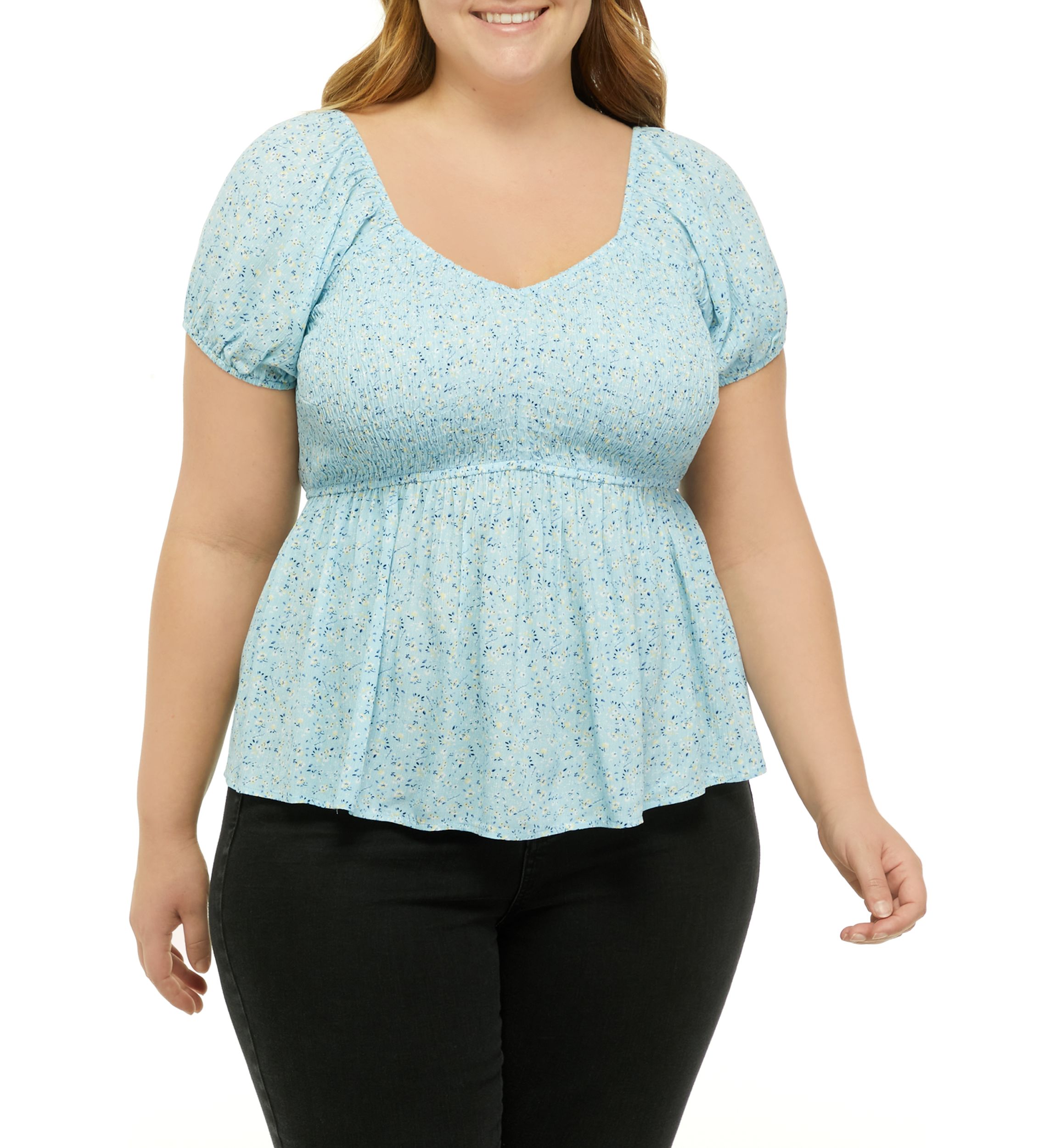 Plus Size Short Sleeve Smocked Peplum Top 