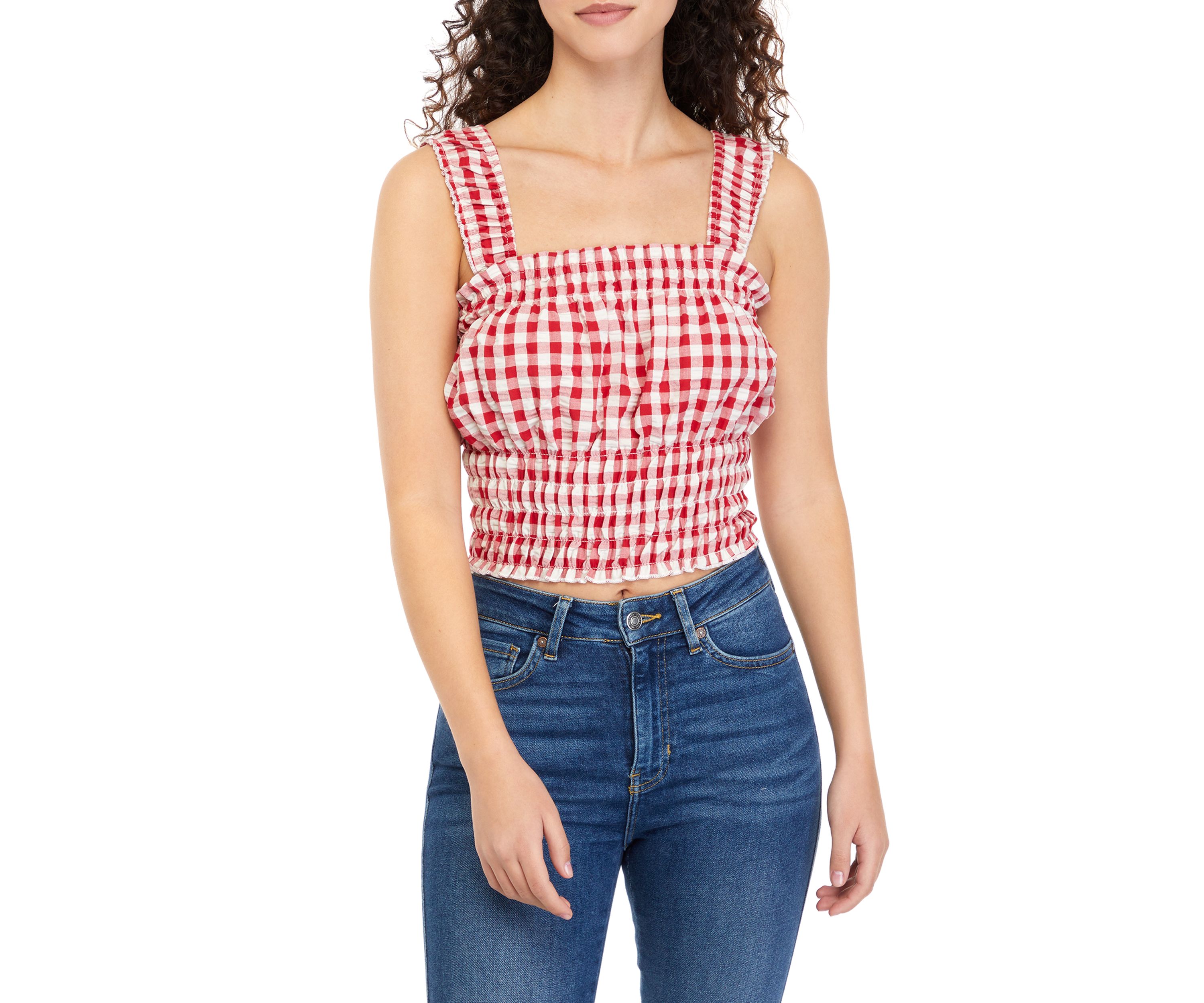 Juniors Sleeveless Square Neck Smocked Gingham Tank 