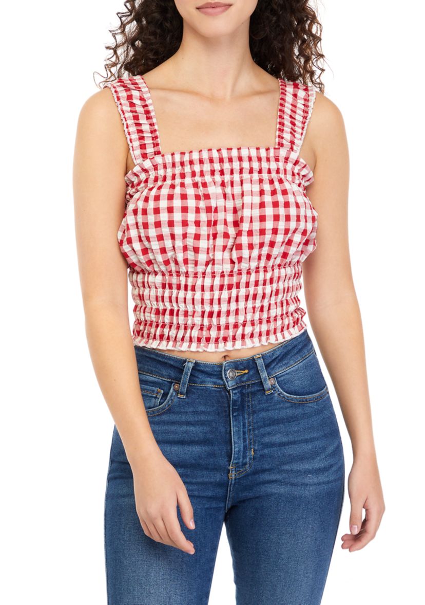 Juniors Sleeveless Square Neck Smocked Gingham Tank 