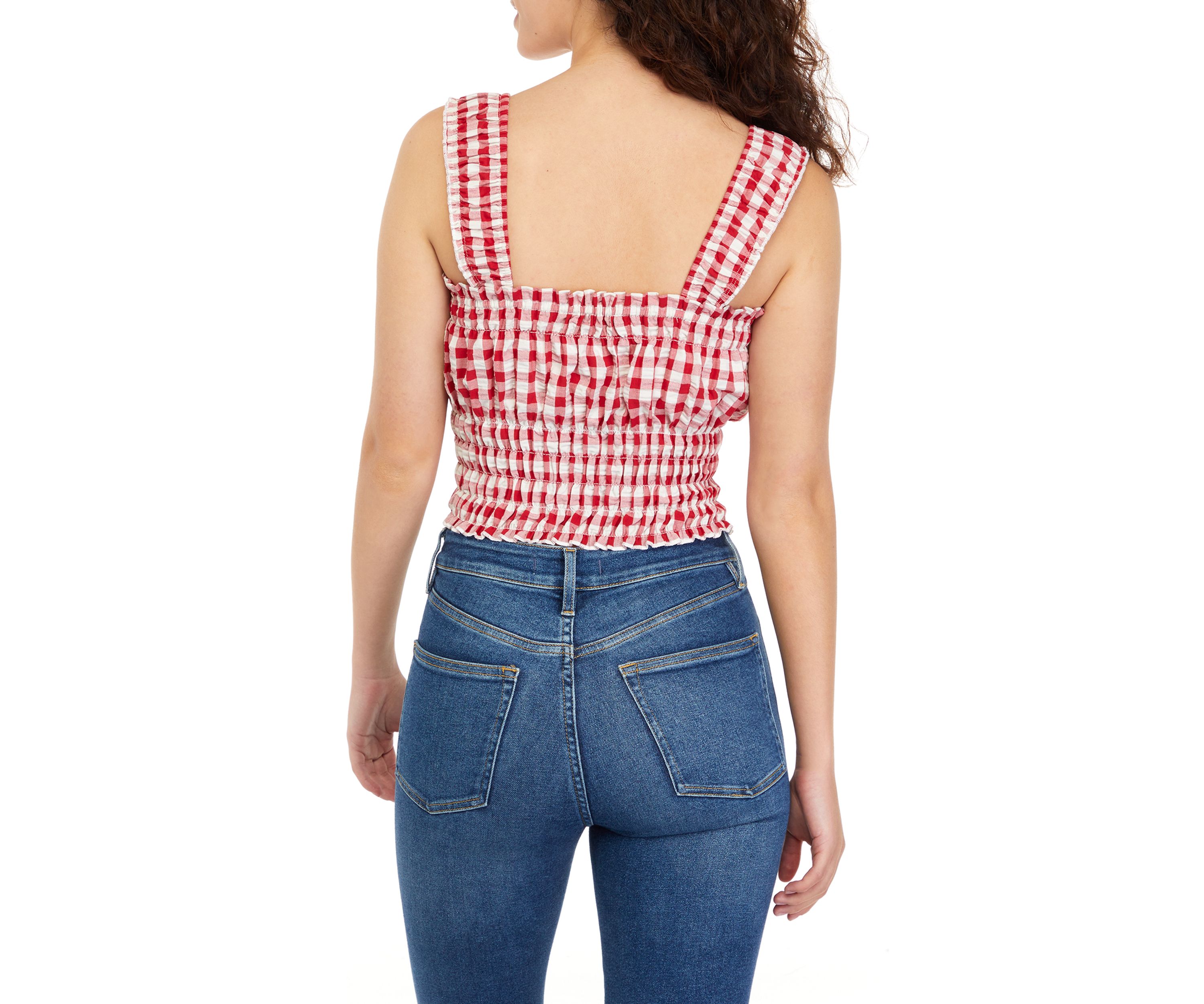 Juniors Sleeveless Square Neck Smocked Gingham Tank 