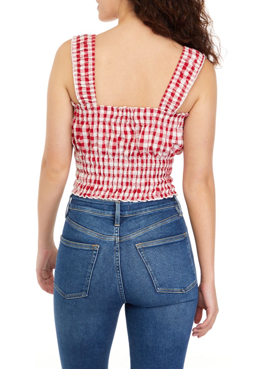 Juniors Sleeveless Square Neck Smocked Gingham Tank 