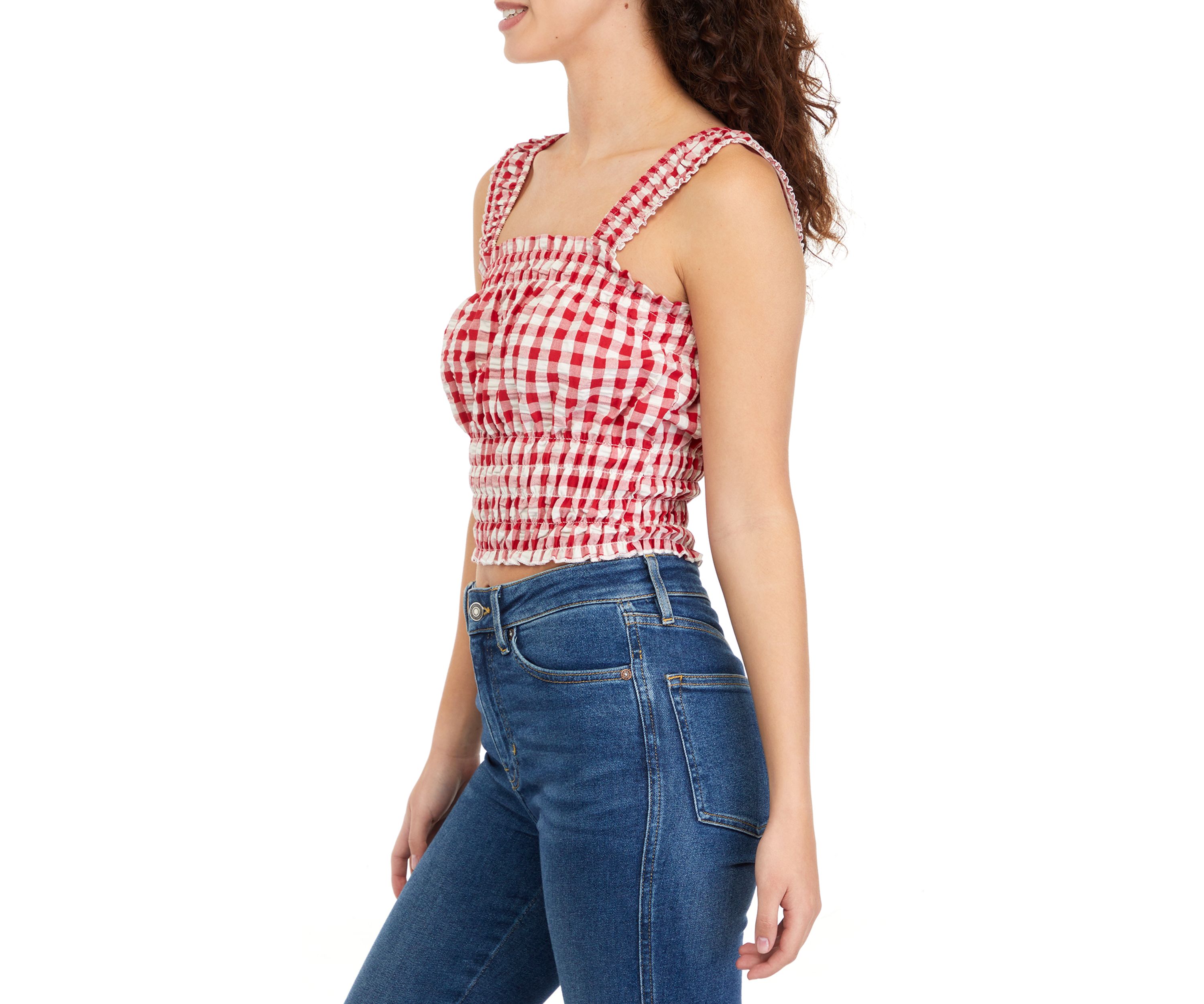Juniors Sleeveless Square Neck Smocked Gingham Tank 