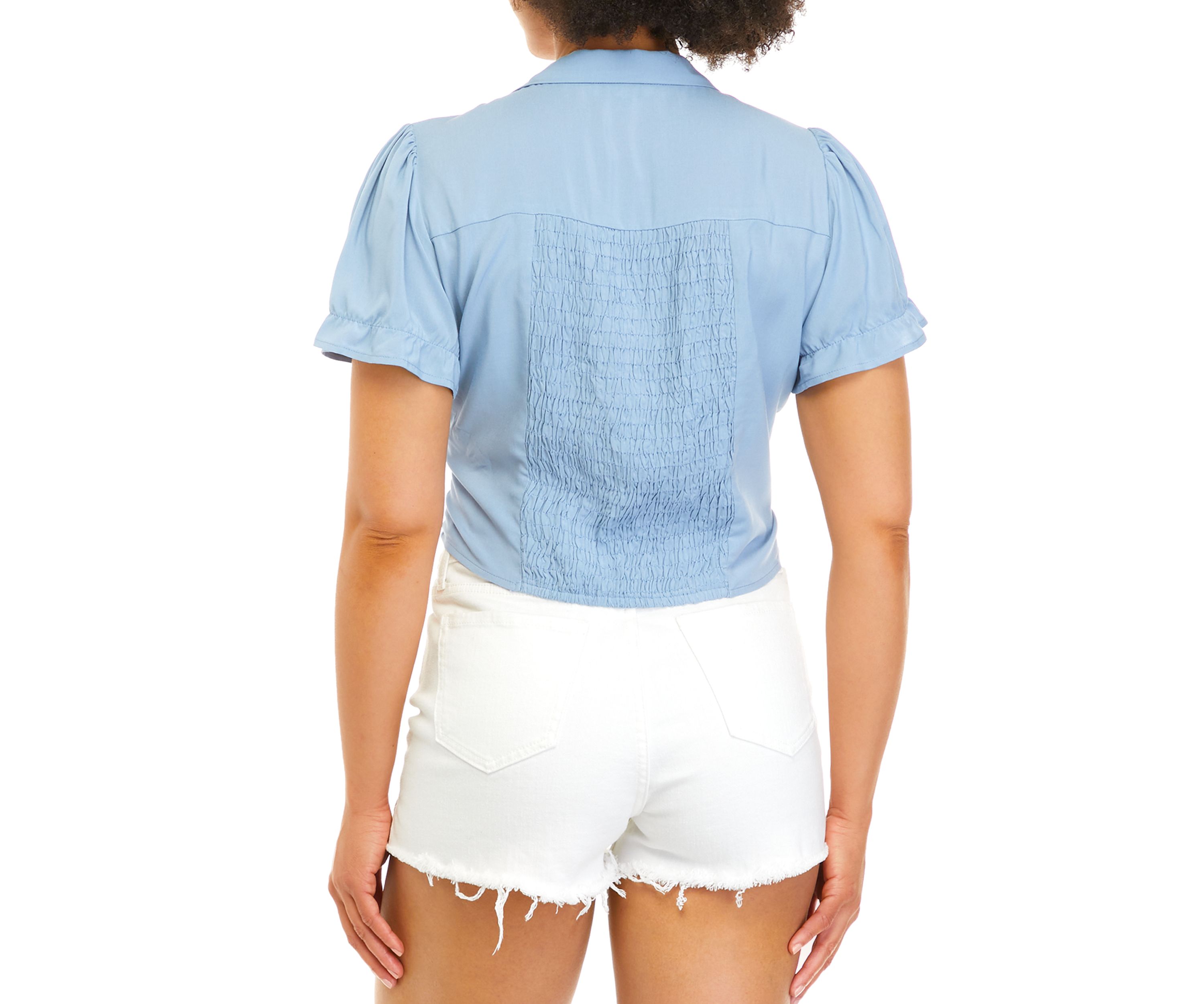 Juniors Short Sleeve Cinch Front Collared Top