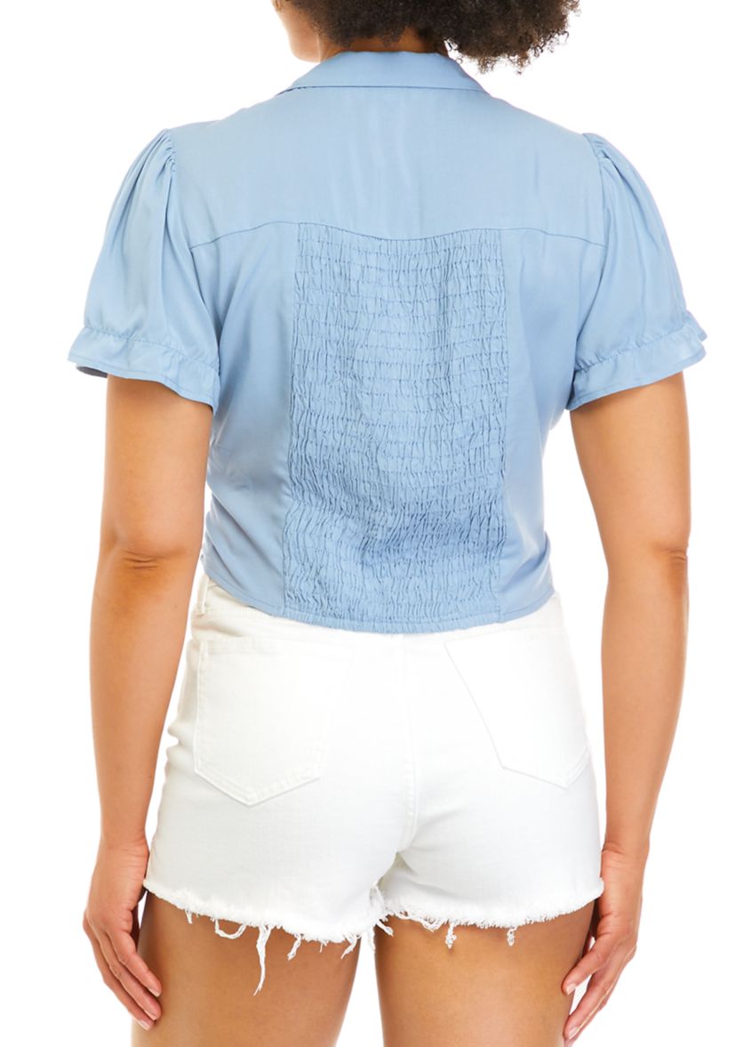 Juniors Short Sleeve Cinch Front Collared Top