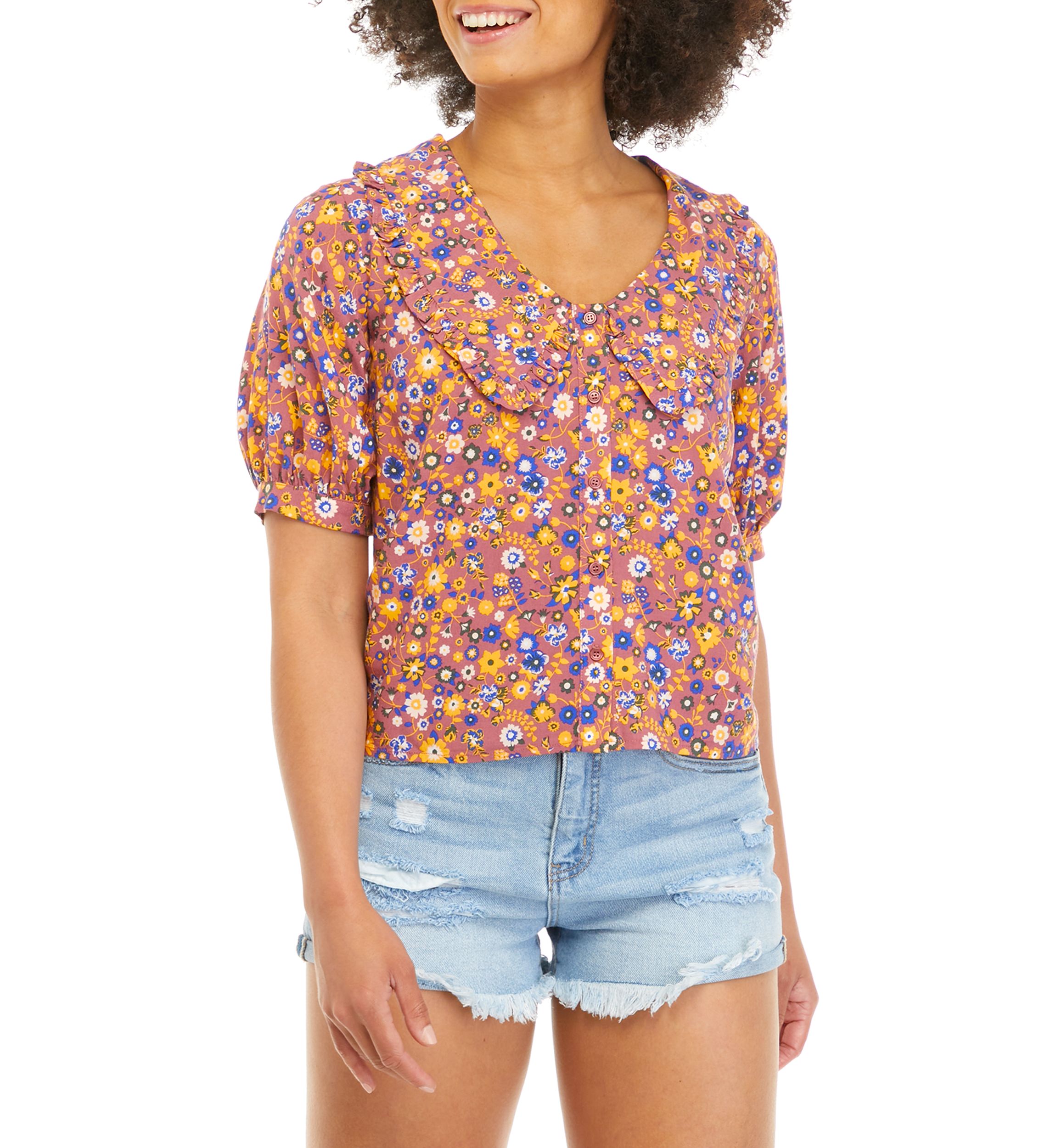 Juniors Short Sleeve Collared Floral Top