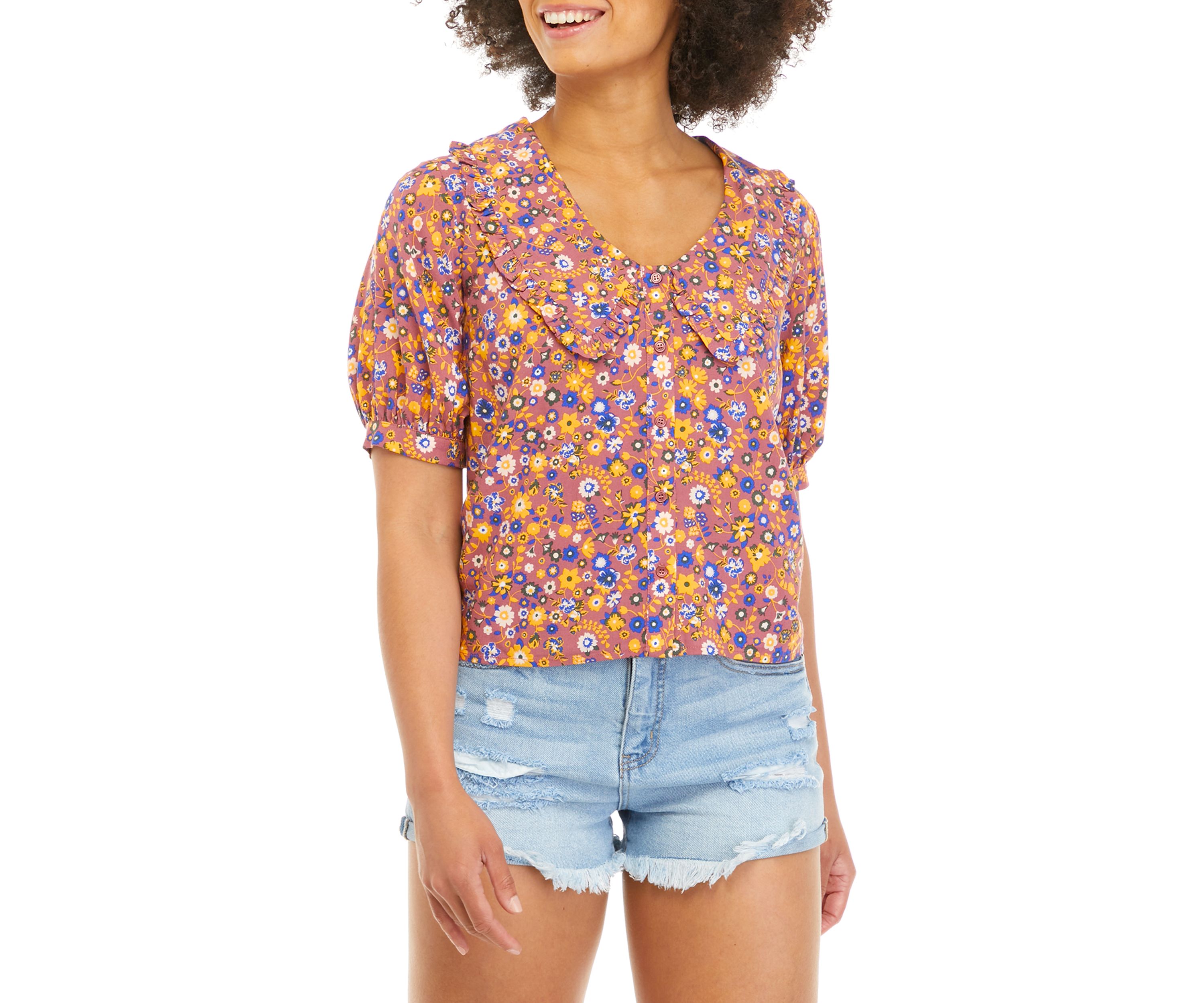 Juniors Short Sleeve Collared Floral Top