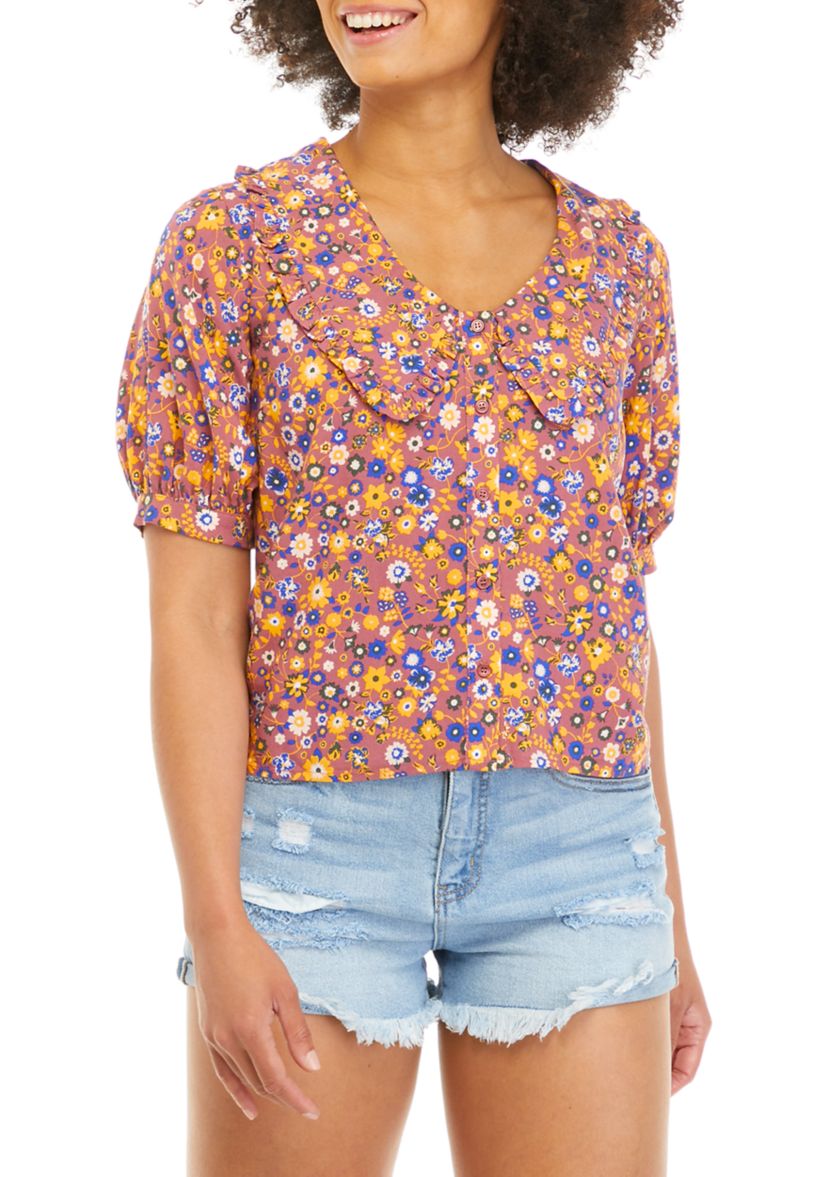 Juniors Short Sleeve Collared Floral Top