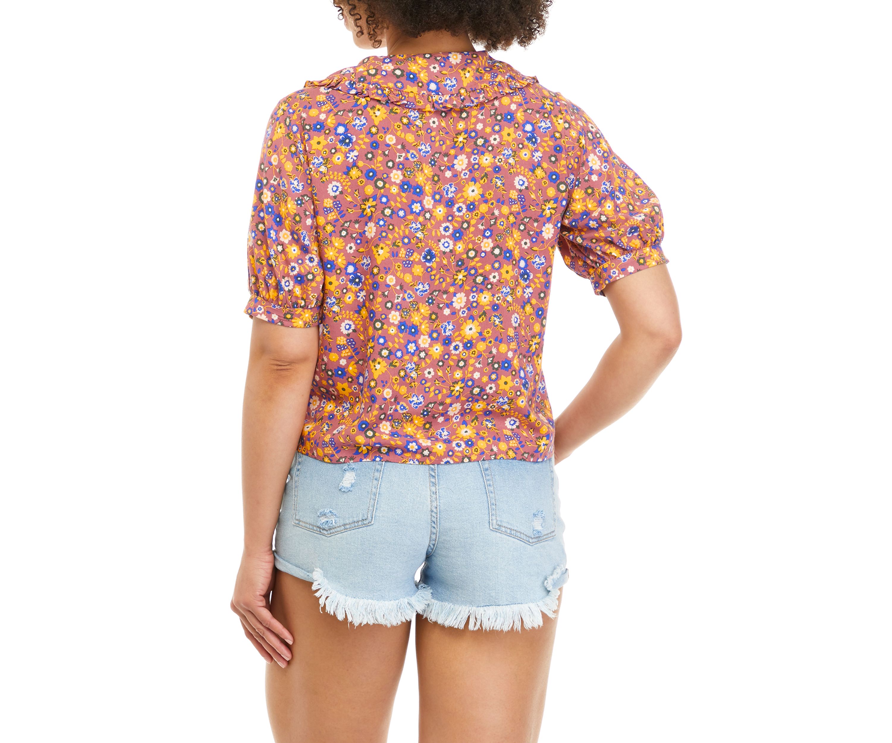 Juniors Short Sleeve Collared Floral Top